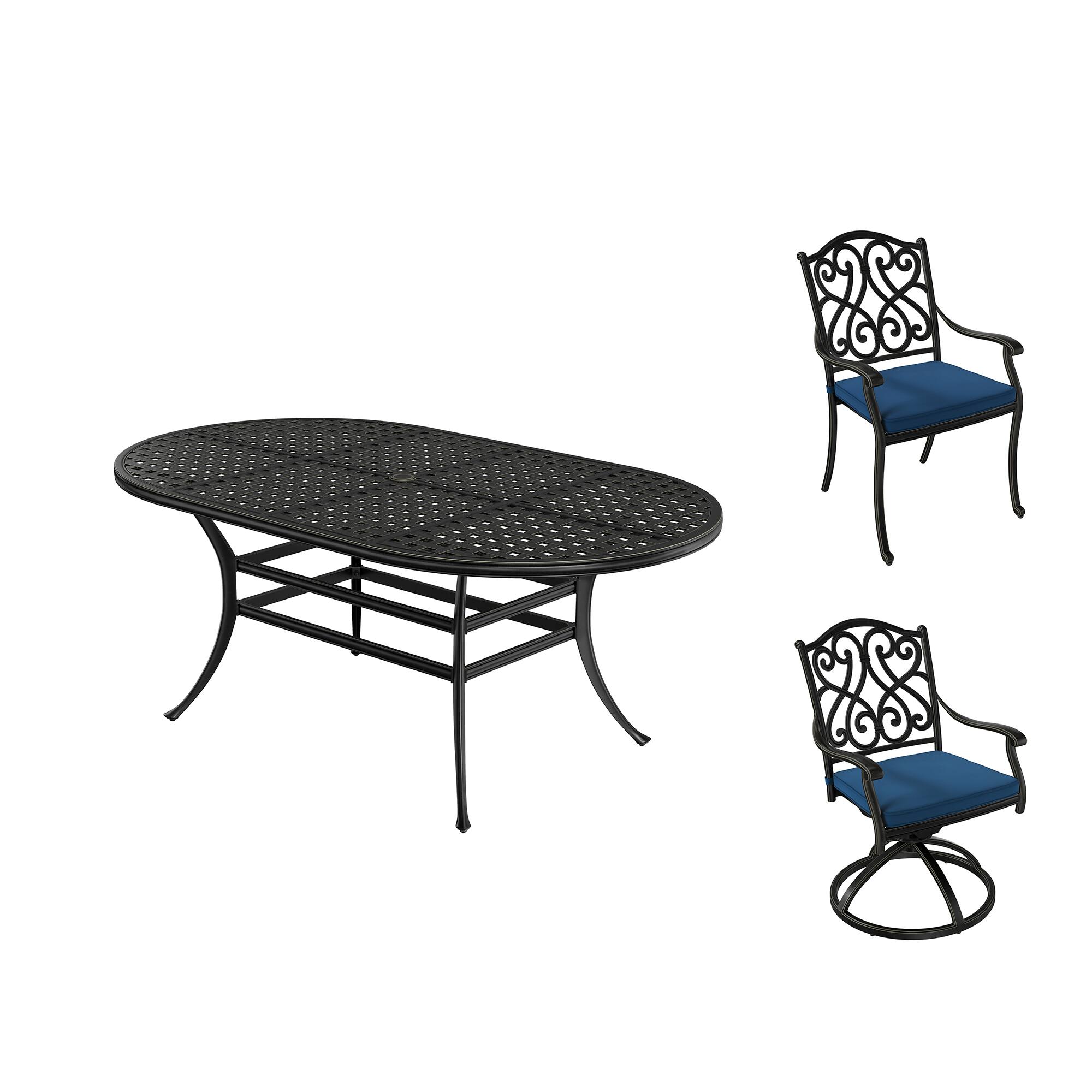 Alt View 1. Mondawe - 6 Person Elliptical Outdoor Dining Set with Cushions - Black+Blue.