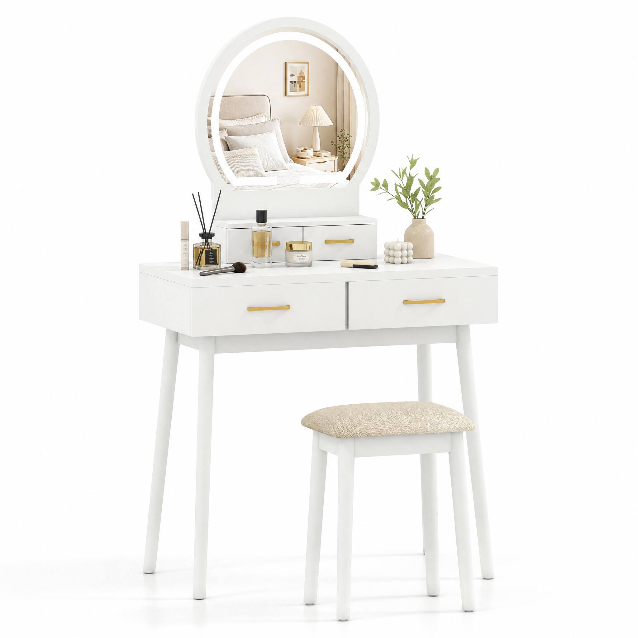Alt View 3. WELLFOR - Small Makeup Dressing Table Vanity Set with 3‑Color LED Lighted Mirror,Solid Wood Legs and Cushioned Stool for Bedroom - White.