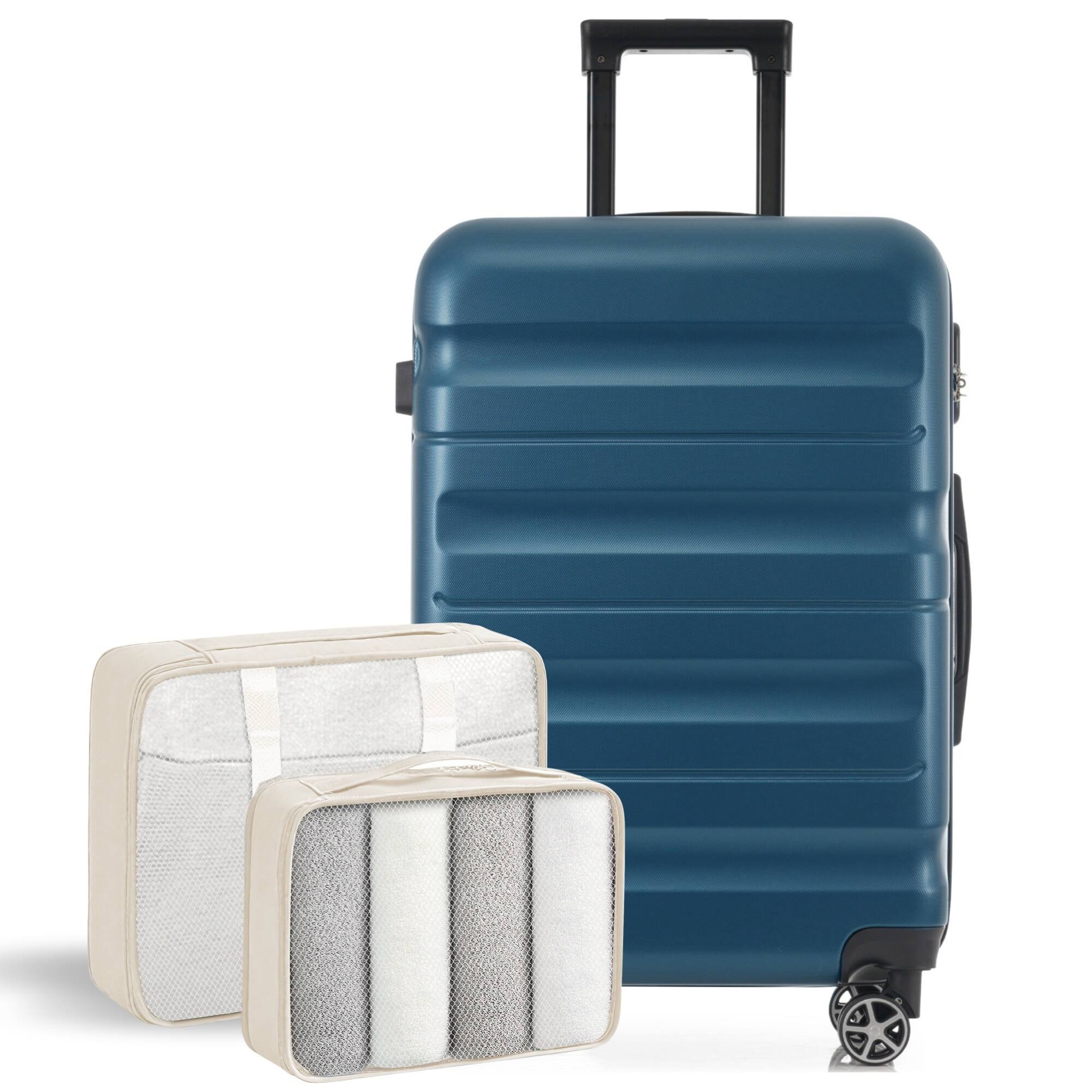 Angle. ELEMENT ACE - 24-Inch Hardshell ABS Checked Spinner Suitcase with Packing Cubes, Lightweight Durable Travel Luggage - Inky Blue.