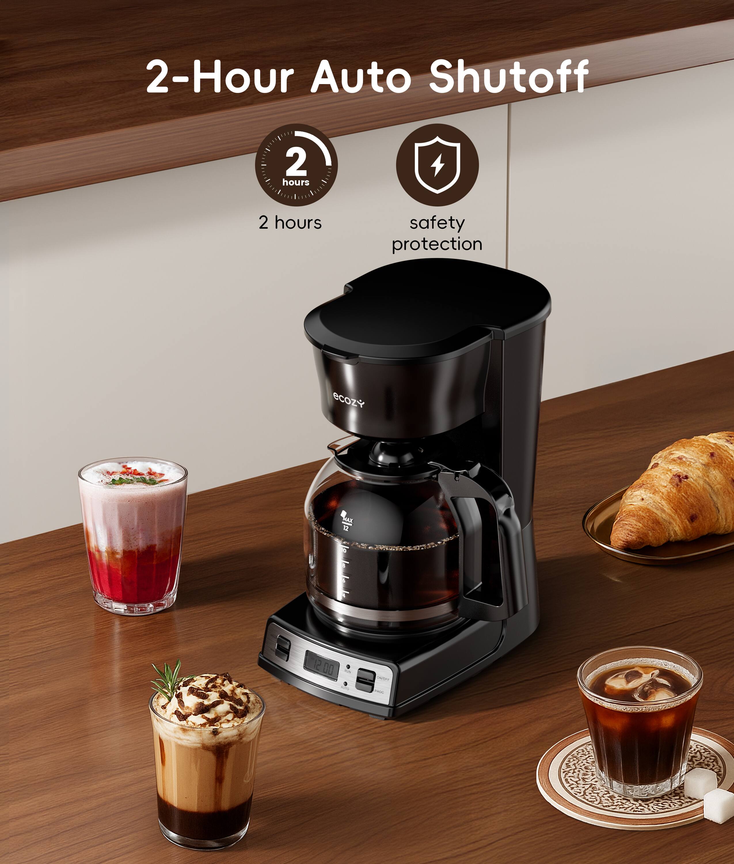 Ecozy Programmable 12 Cup Coffee Maker with Grinder, Auto Brew