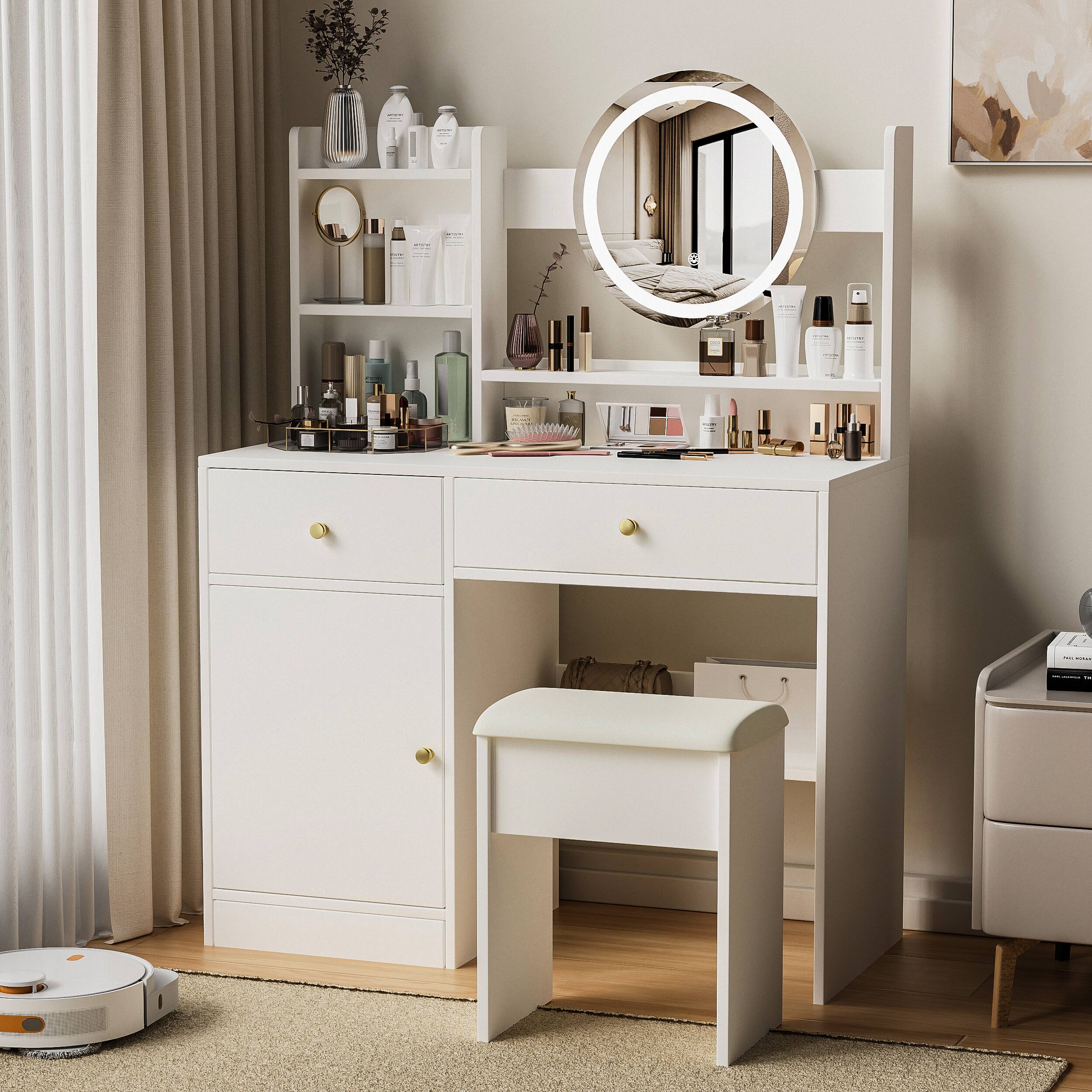 Alt View 4. Ecooso - Vanity Desk with Mirror and Lights for Makeup, Cushioned Chair, 3 Color Brightness Adjustable Dressing Table Set - White.