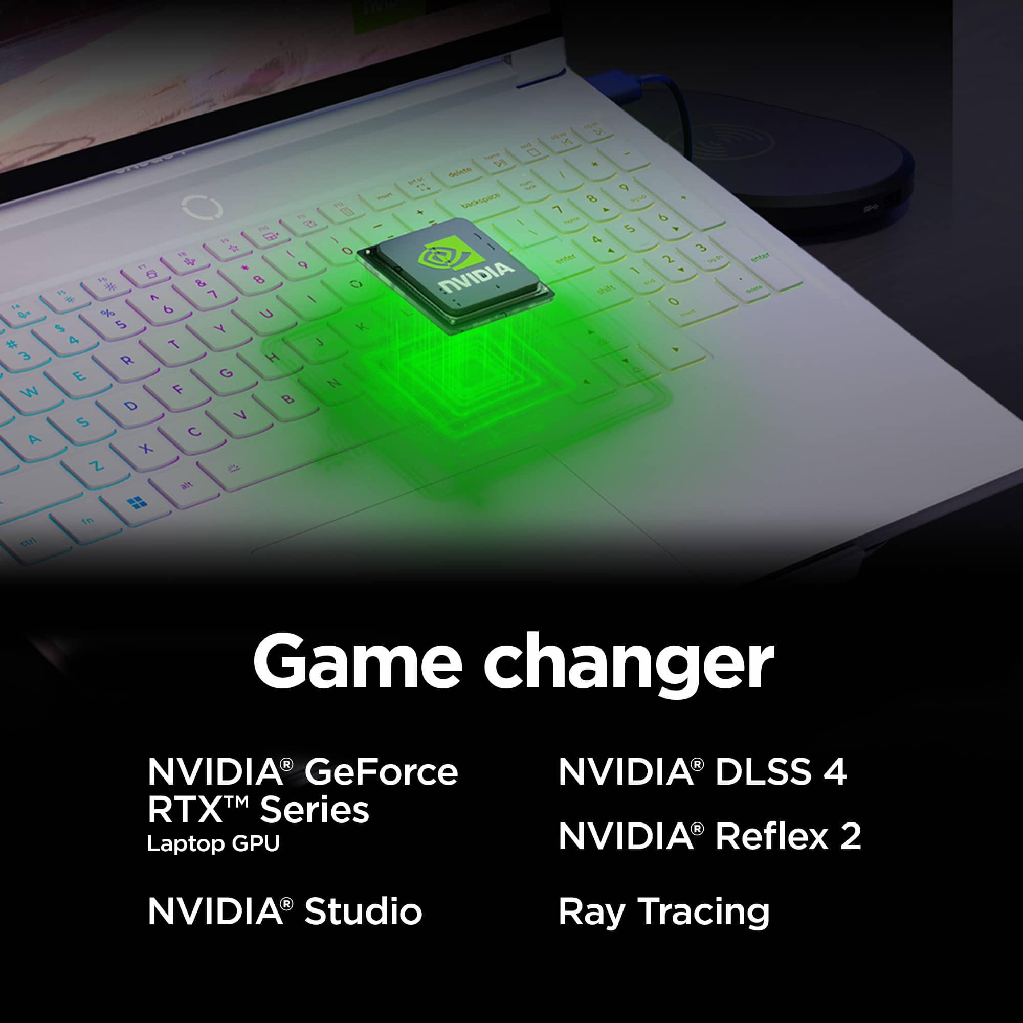 Game changer NVIDIA GeForce RTX Series Laptop GPU NVIDIA DLSS 4 NVIDIA Reflex 2 NVIDIA Studio Ray Tracing
