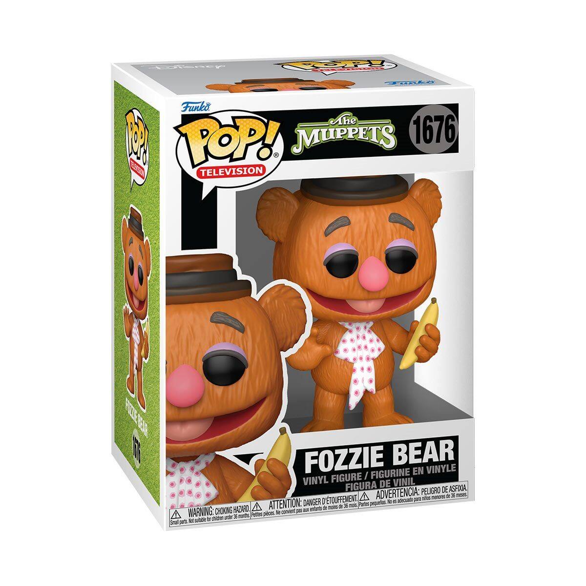 Sure, here is the corrected and grouped text from the image:

---

**Funko POP!**  
**TELEVISION**  
**The Muppets**  
**1676**

**FOZZIE BEAR**  
**VINYL FIGURE / FIGURINE EN VINYLE / FIGURA DE VINIL**

**WARNING: CHOKING HAZARD - Small parts. Not for children under 3 years.**  
**ADVERTENCIA: PEQUEÑOS OBJETOS QUE PUEDE INGESTAR. NO ADECUADO PARA NIÑOS MENORES DE 3 AÑOS.**  
**ATTENTION: PELIGRO DE ASPÍRAISON - Petits objets pouvant être ingérés. Non adapté pour les enfants de moins de 3 ans.**

---

This text is from the packaging of the Funko Pop! vinyl figure of Fozzie Bear from The Muppets.