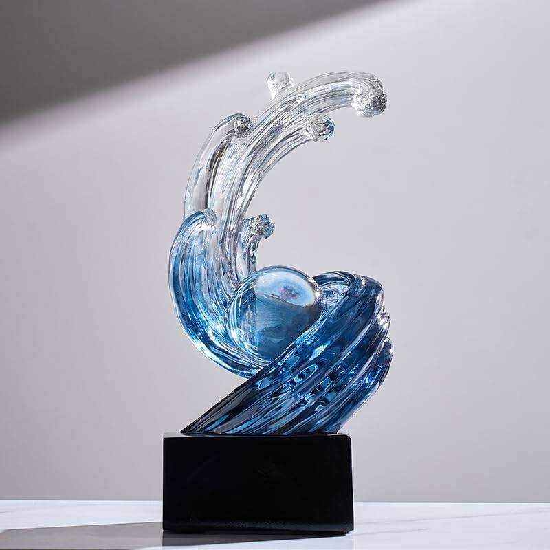 Alt View 3. Refined Abode Design - Modern Abstract Decorative Wave Statue Blue Art Home Decor Crystal Ball Sculpture Office Desk Stand Dining.