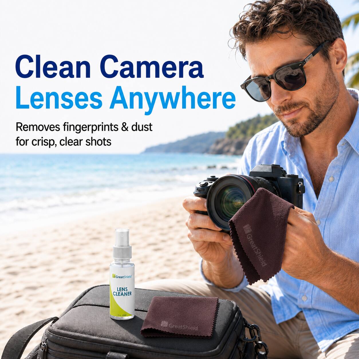 Clean Camera Lenses Anywhere  
Removes fingerprints & dust for crisp, clear shots  
GreatShield LENS CLEANER  
GreatShield