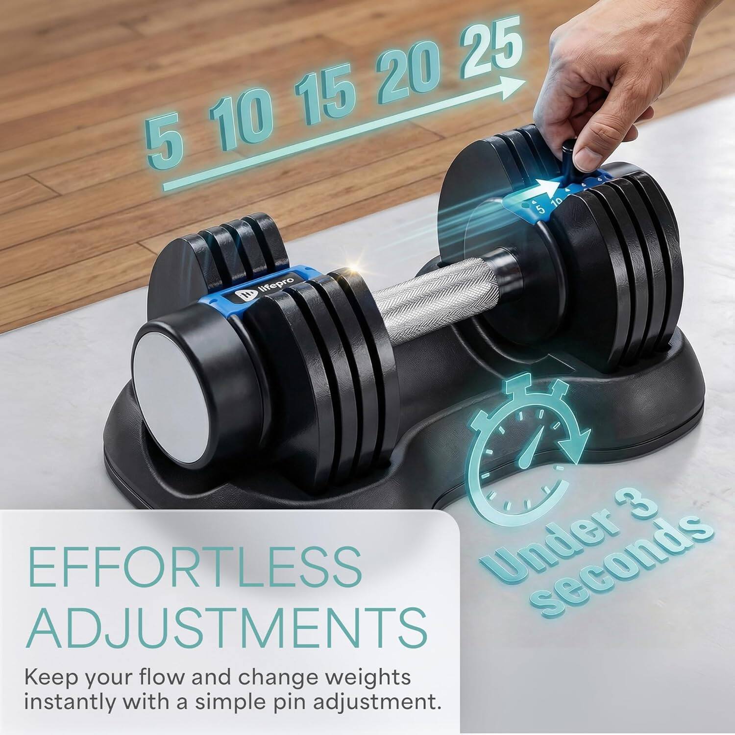 20 25 5 10 15 20 25 5 10 15 10 5

life pro

3

EFFORTLESS ADJUSTMENTS

Keep your flow and change weights instantly with a simple pin adjustment.