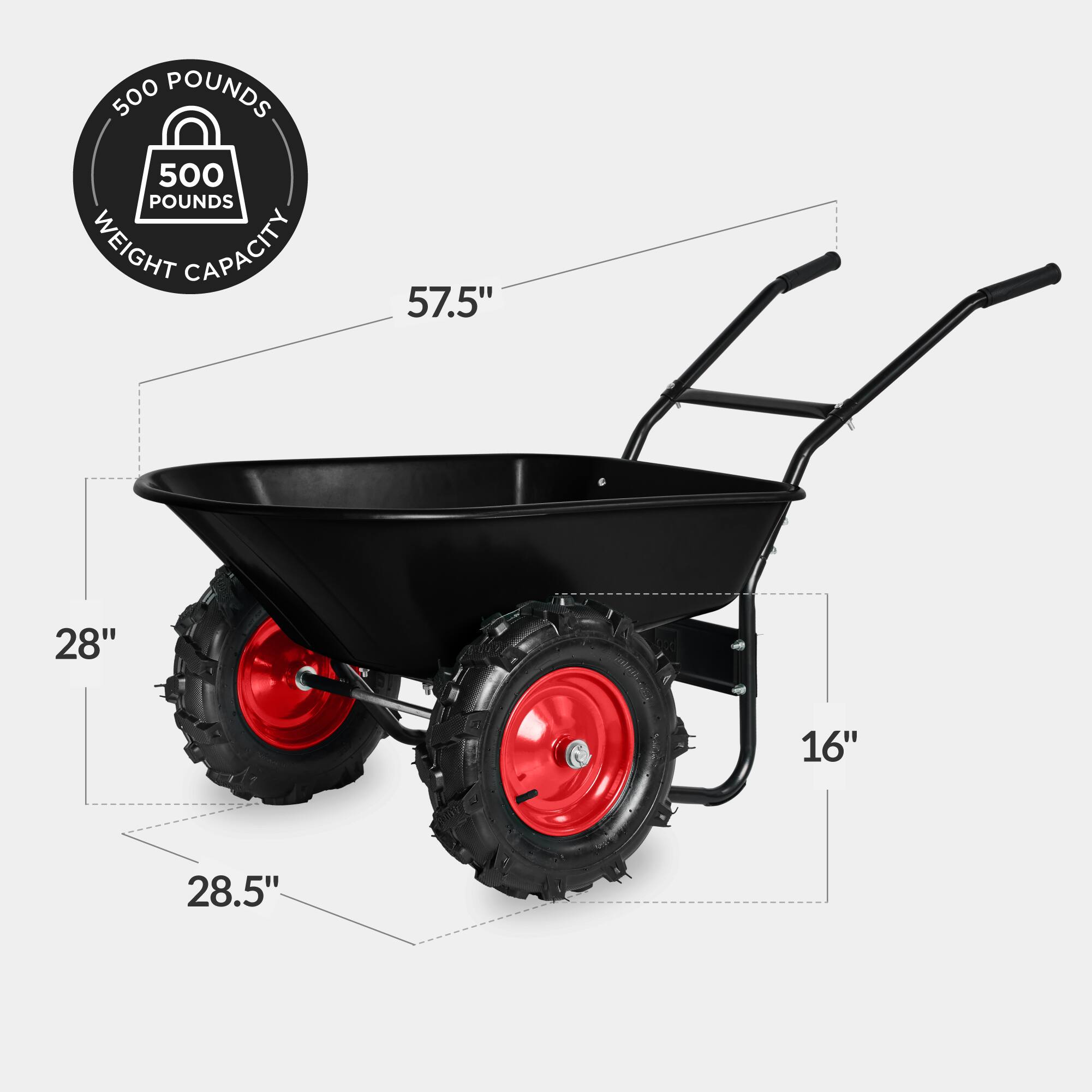 500 POUNDS WEIGHT CAPACITY  
57.5"  
28"  
16"  
28.5"