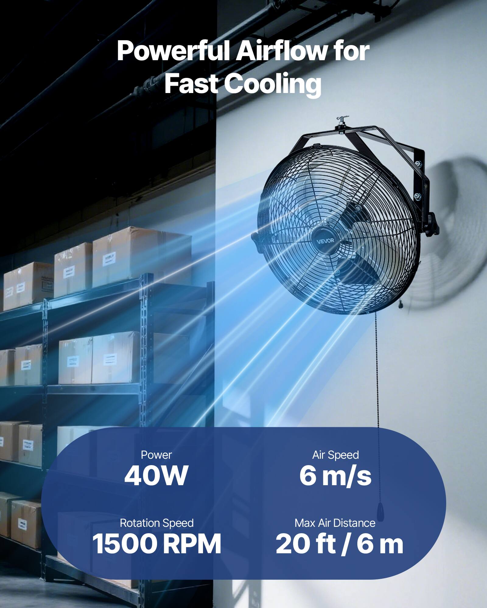 Powerful Airflow for Fast Cooling

- Power: 40W
- Rotation Speed: 1500 RPM
- Air Speed: 6 m/s
- Max Air Distance: 20 ft / 6 m