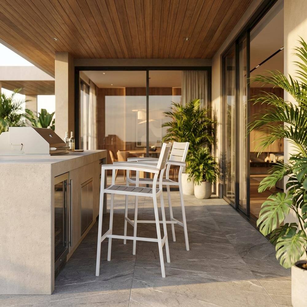 Angle. Outdoor Escape - Outdoor Patio Bar Stool Set Of 2 With Armrests And Sturdy Construction - Gray.