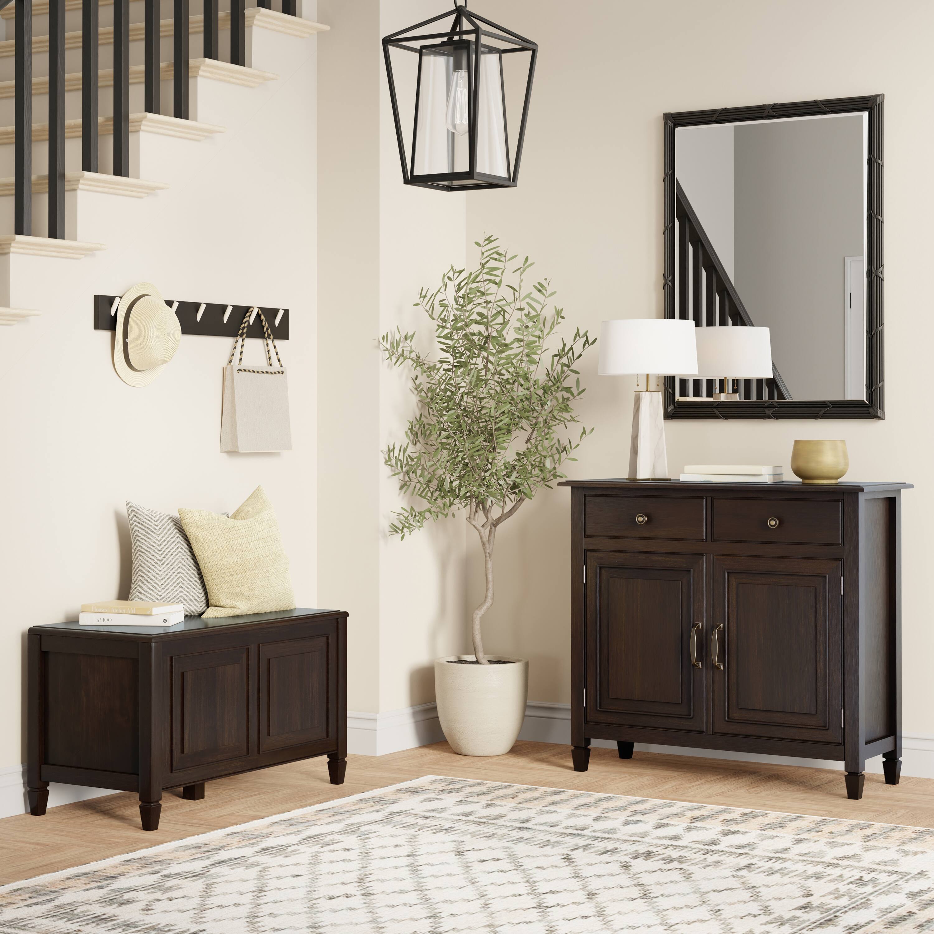 Angle. Simpli Home - Connaught Solid Wood 36 inch Wide Small Storage Bench Trunk and 40 inch Wide Storage Cabinet in Dark Chestnut Brown - Chestnut Brown.