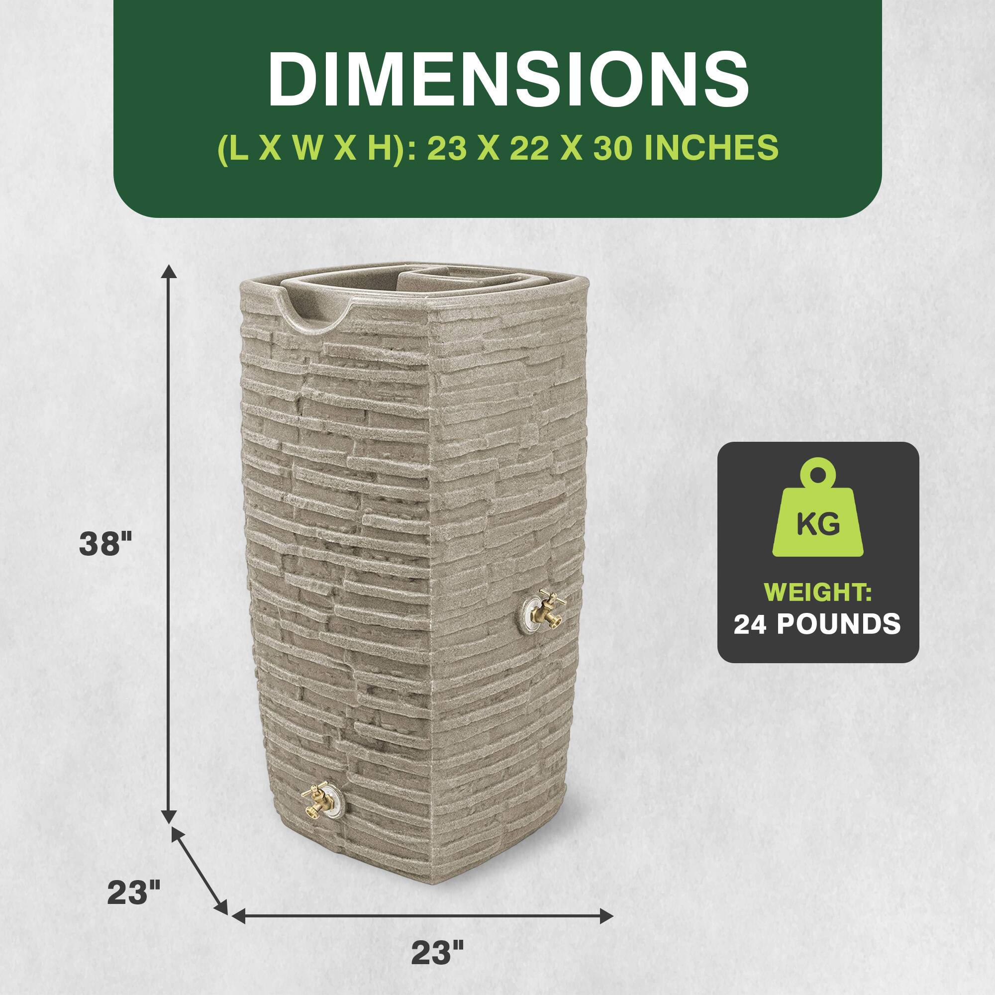 DIMENSIONS (LXWXH): 23 X 22 X 30 INCHES  
38"  
WEIGHT: 24 POUNDS  
23"  
23"