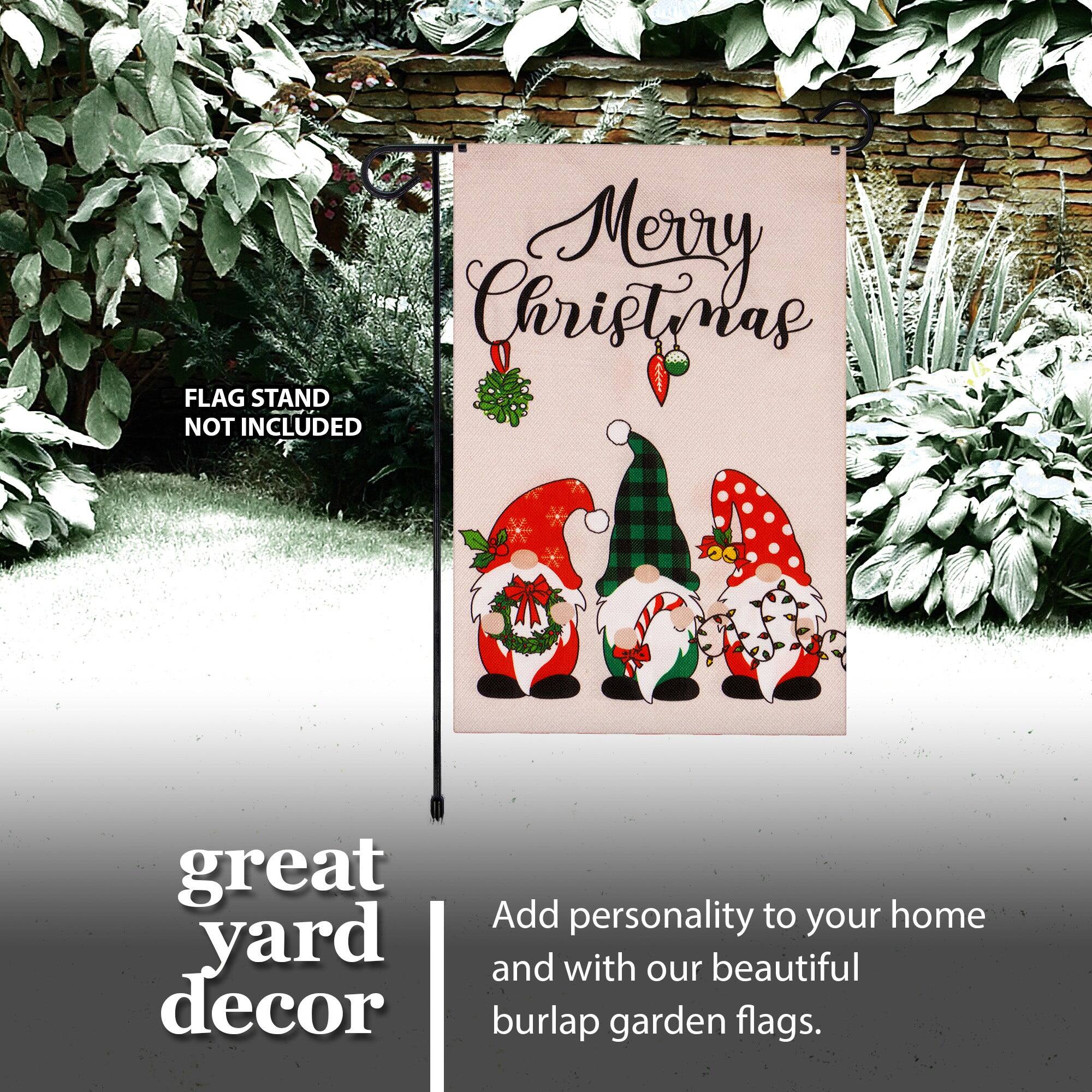 Merry Christmas  
FLAG STAND NOT INCLUDED  
great yard decor  
Add personality to your home and with our beautiful burlap garden flags.