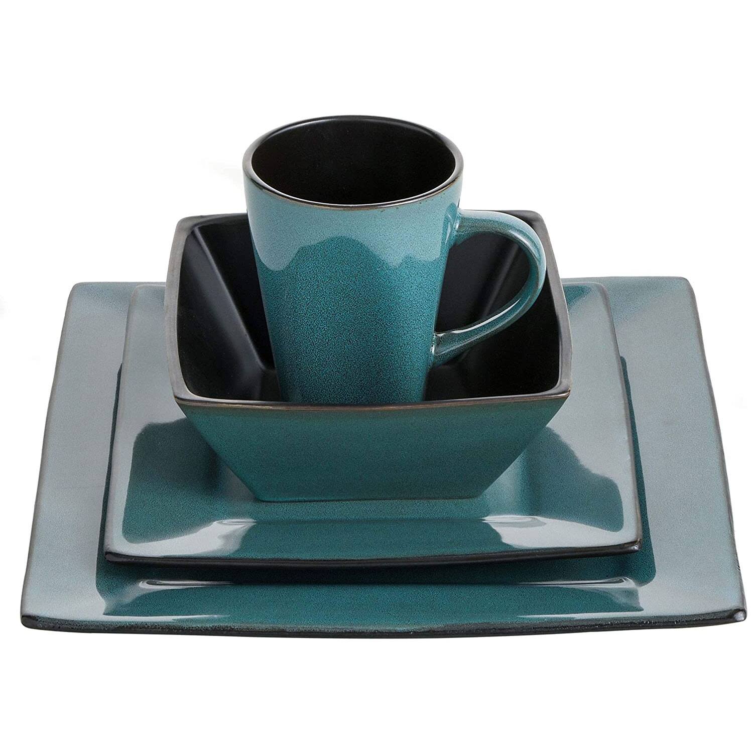 Gibson - Elite Kiesling 16 Piece Plates, Bowls, & Mugs Dinnerware Set - Turquoise - Thumbnail 4