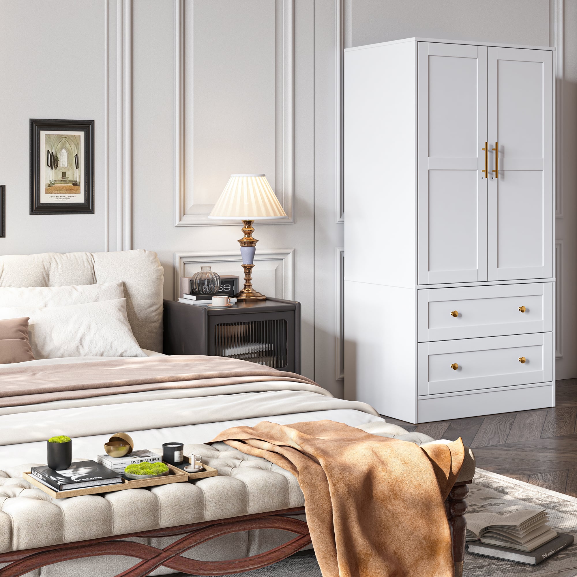 APRILSOUL - Shaker Style Classic Two-Door Wardrobe Solid Wood Bedroom Armoire with Hanging Rod and Shelves - White