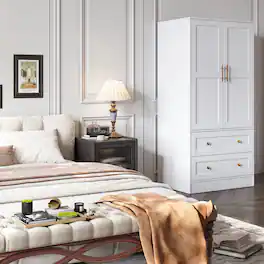 APRILSOUL - Shaker Style Classic Two-Door Wardrobe Solid Wood Bedroom Armoire with Hanging Rod and Shelves - White