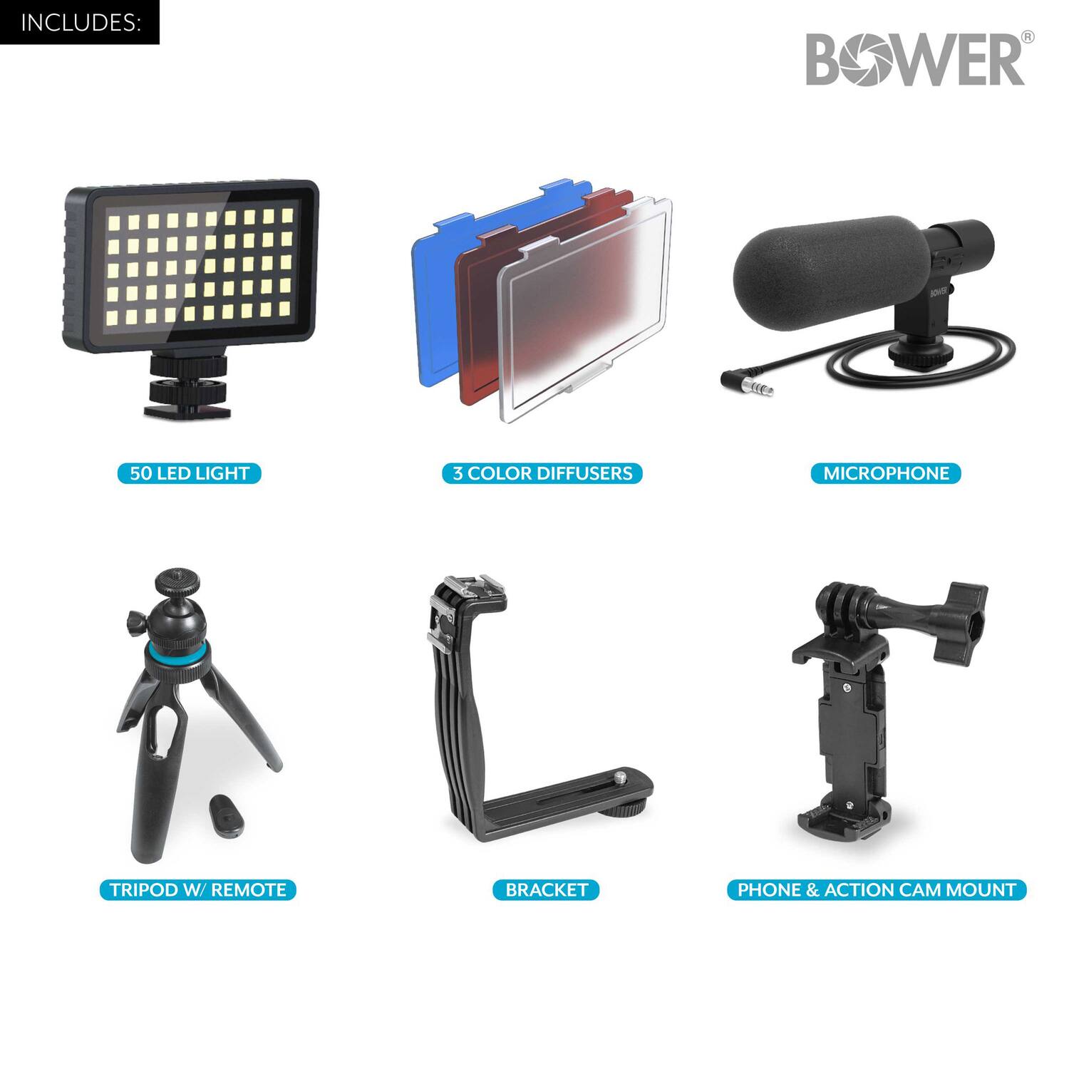 INCLUDES:
- 50 LED LIGHT
- 3 COLOR DIFFUSERS
- MICROPHONE
- TRIPOD W/ REMOTE
- BRACKET
- PHONE & ACTION CAM MOUNT
