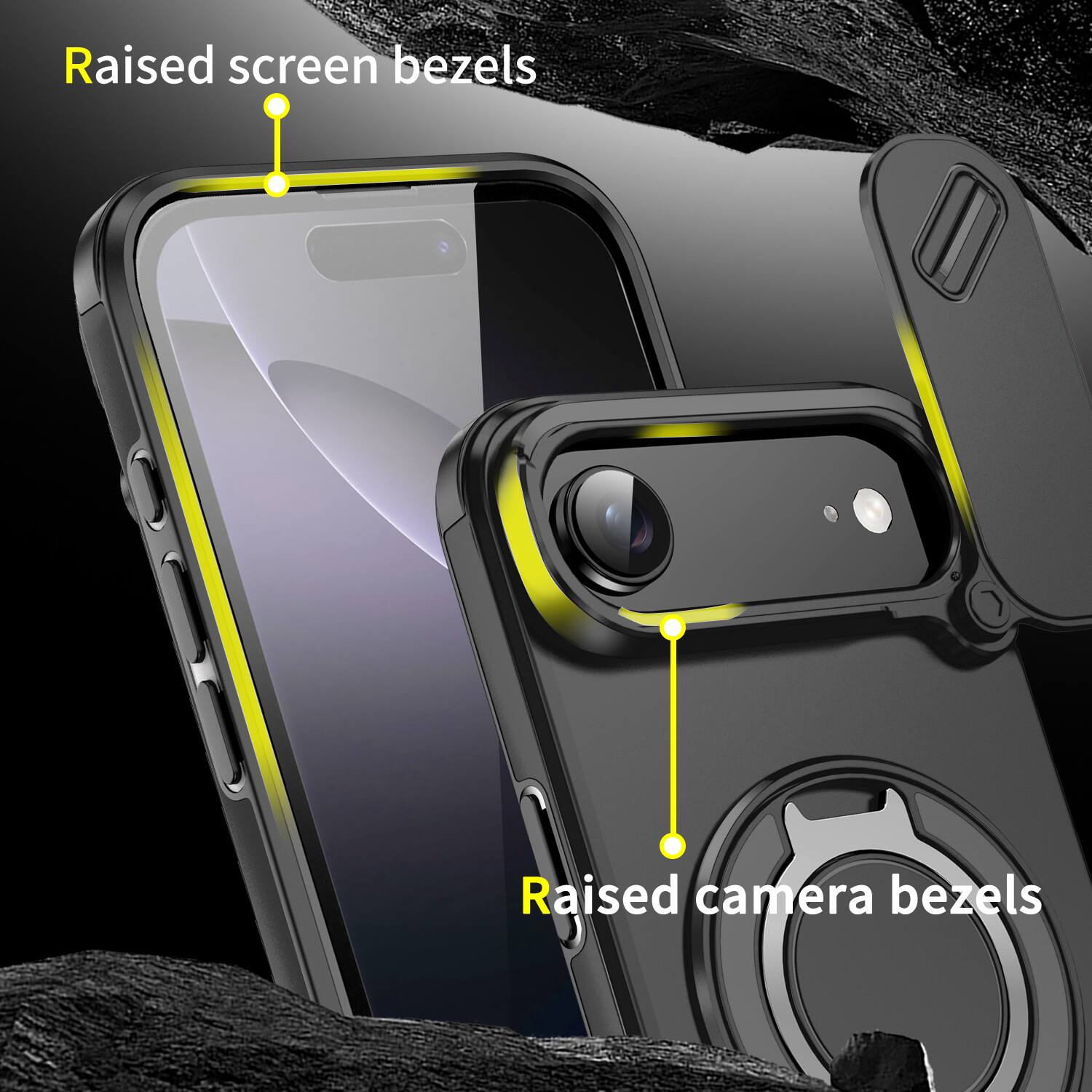 Raised screen bezels  
Raised camera bezels