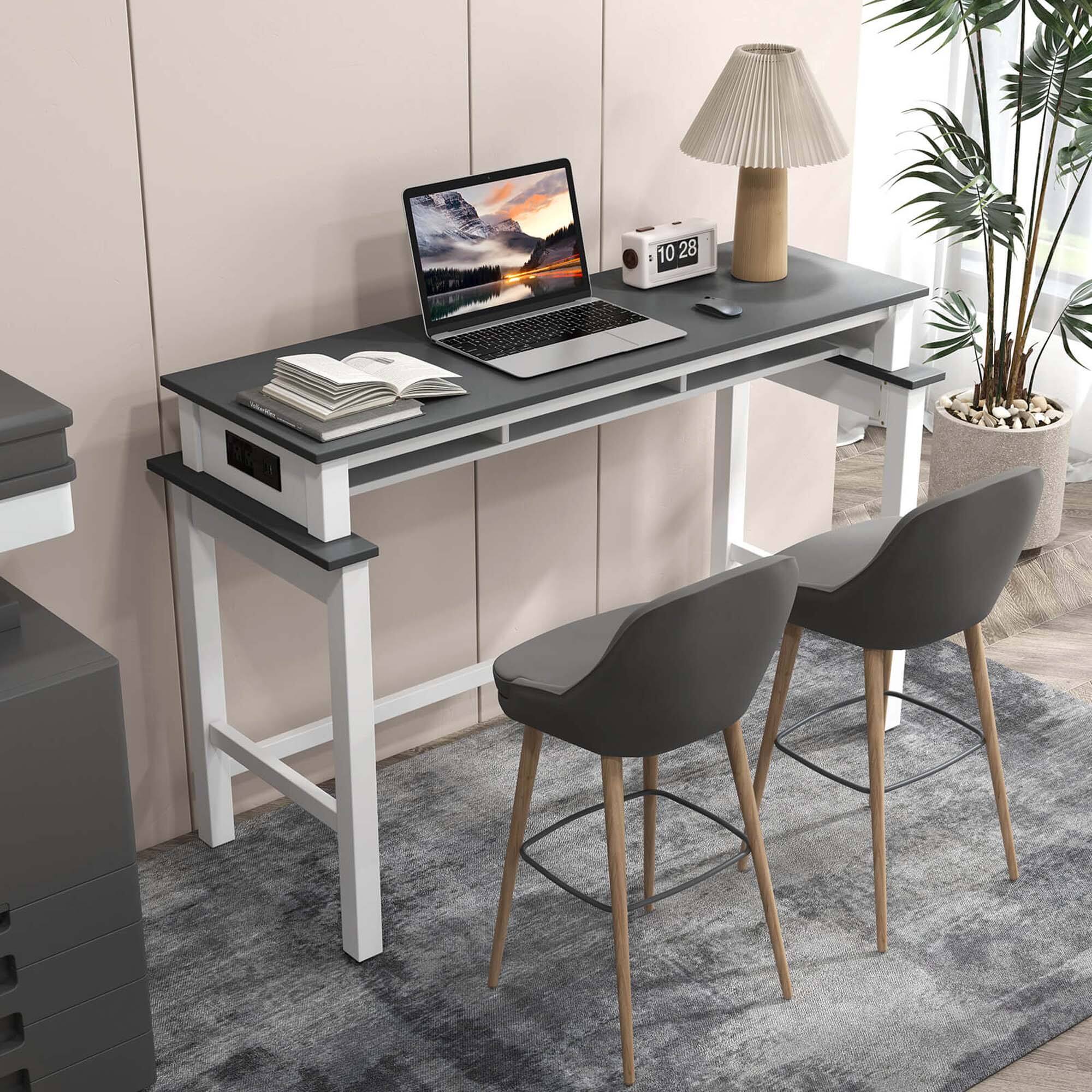 Alt View 5. Costway - Bar Table with Power Outlets Counter Height Table with Storage Compartments Wooden - Grey.