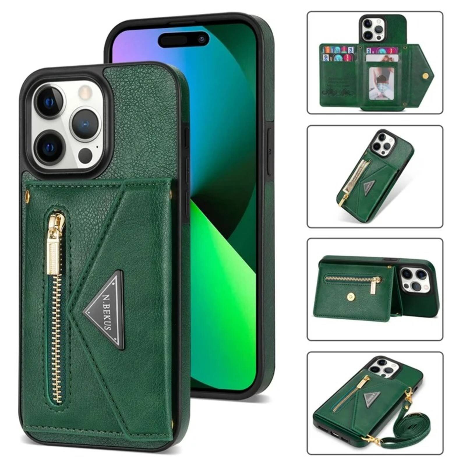 Front. UUCOVER - Wallet Case for Apple iPhone 16 Pro Max with Card Slots Holder, Zipper Pocket and Shoulder Strap, Flip Kickstand Cover - Green.