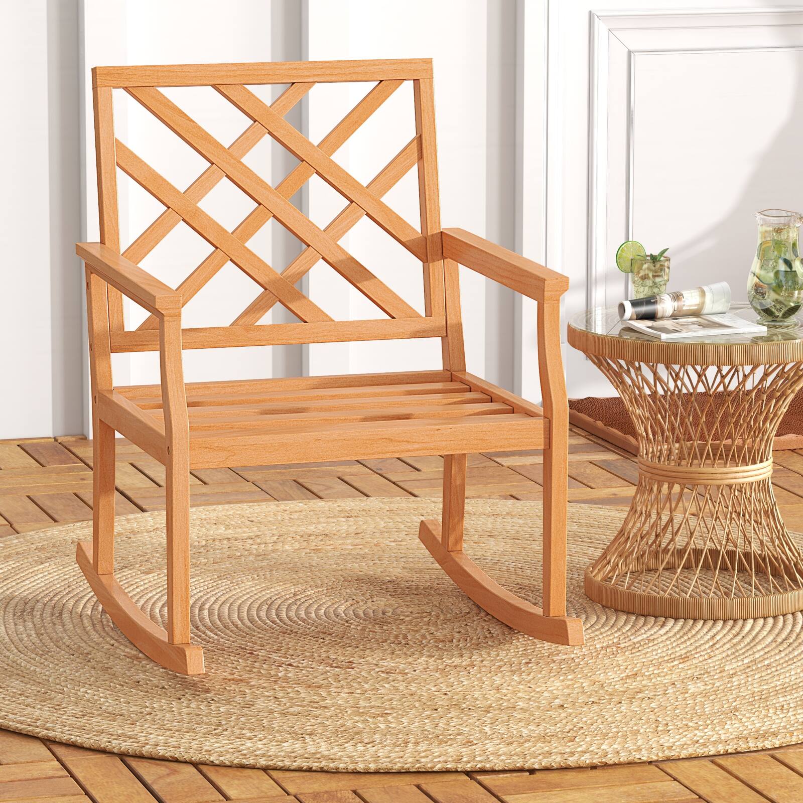 Alt View 1. Costway - Costway 1 PCS Teak Wood Rocking Chair with Backrest and Slatted Seat Backyard and Lawn - Natural.