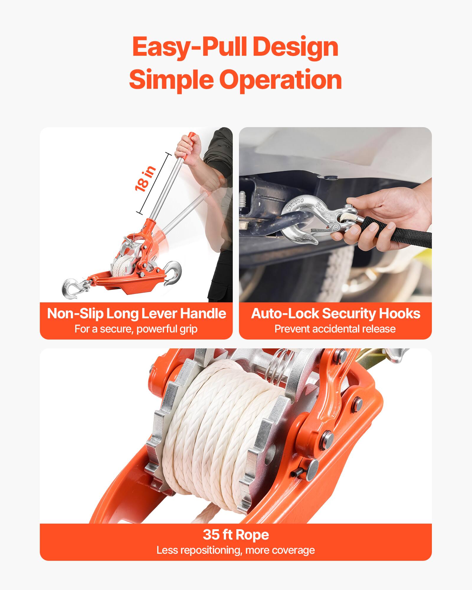 Easy-Pull Design Simple Operation

18 in

Non-Slip Long Lever Handle
For a secure, powerful grip

Auto-Lock Security Hooks
Prevent accidental release

35 ft Rope
Less repositioning, more coverage