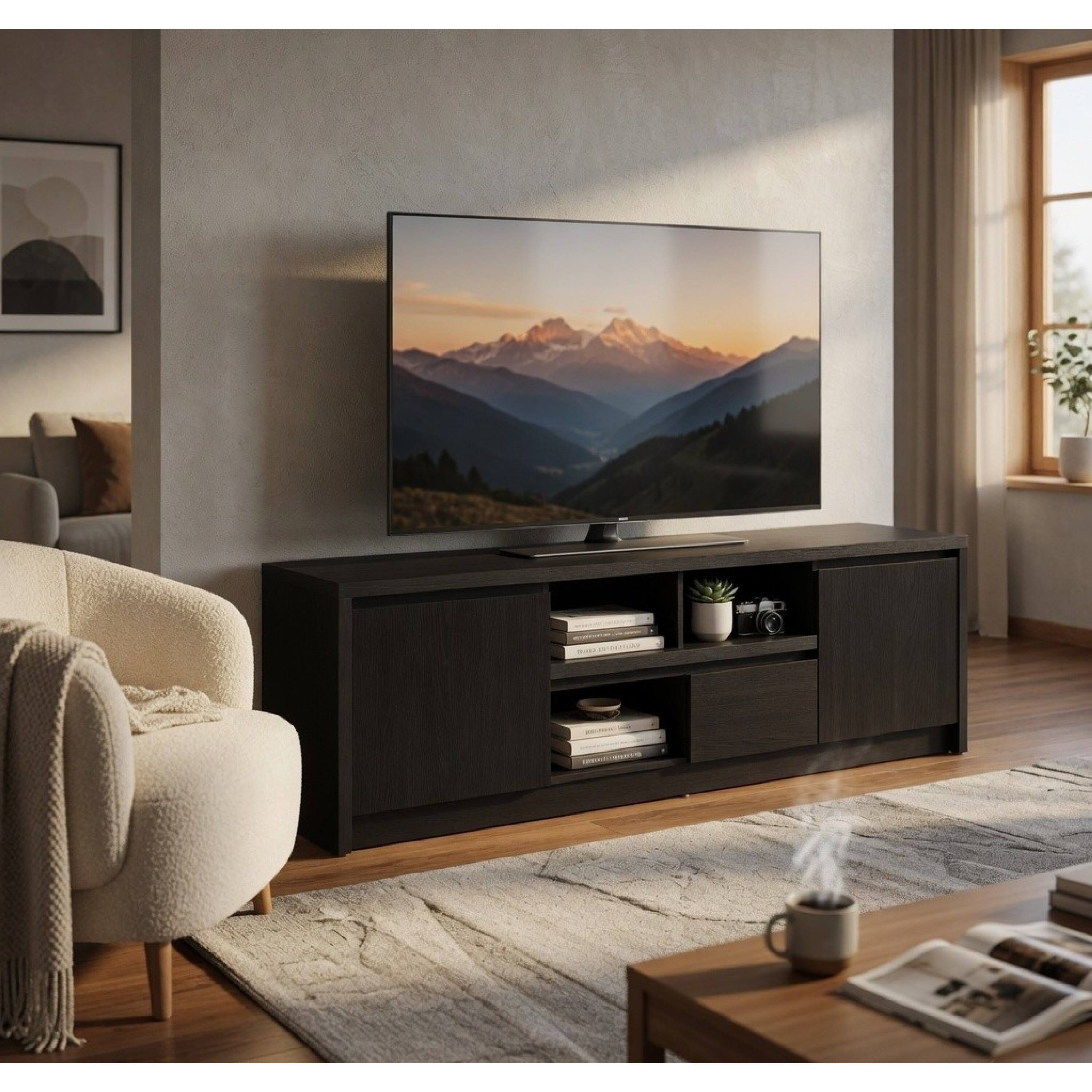Alt View 8. Manhattan Lane - Winie TV Stand Media Console, 2 Doors and Drawers, Black Wood 78 Inch - Black.