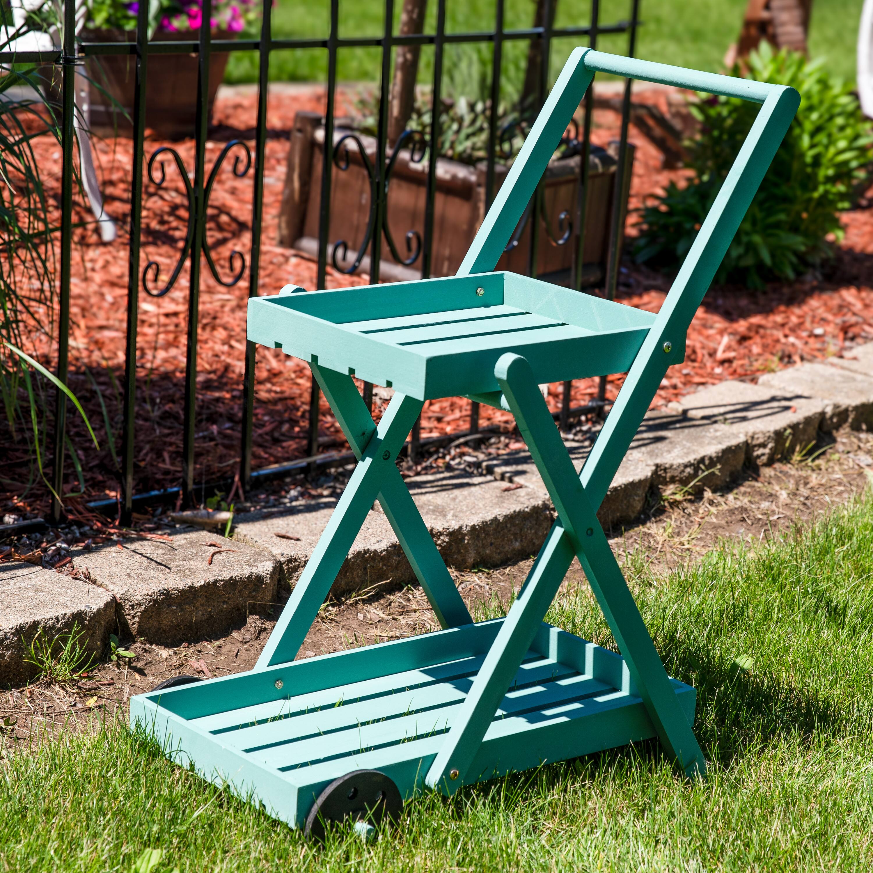 Alt View 1. Sunnydaze - 2-Tier Fir Wheeled Planter Stand - Robin Egg Blue.