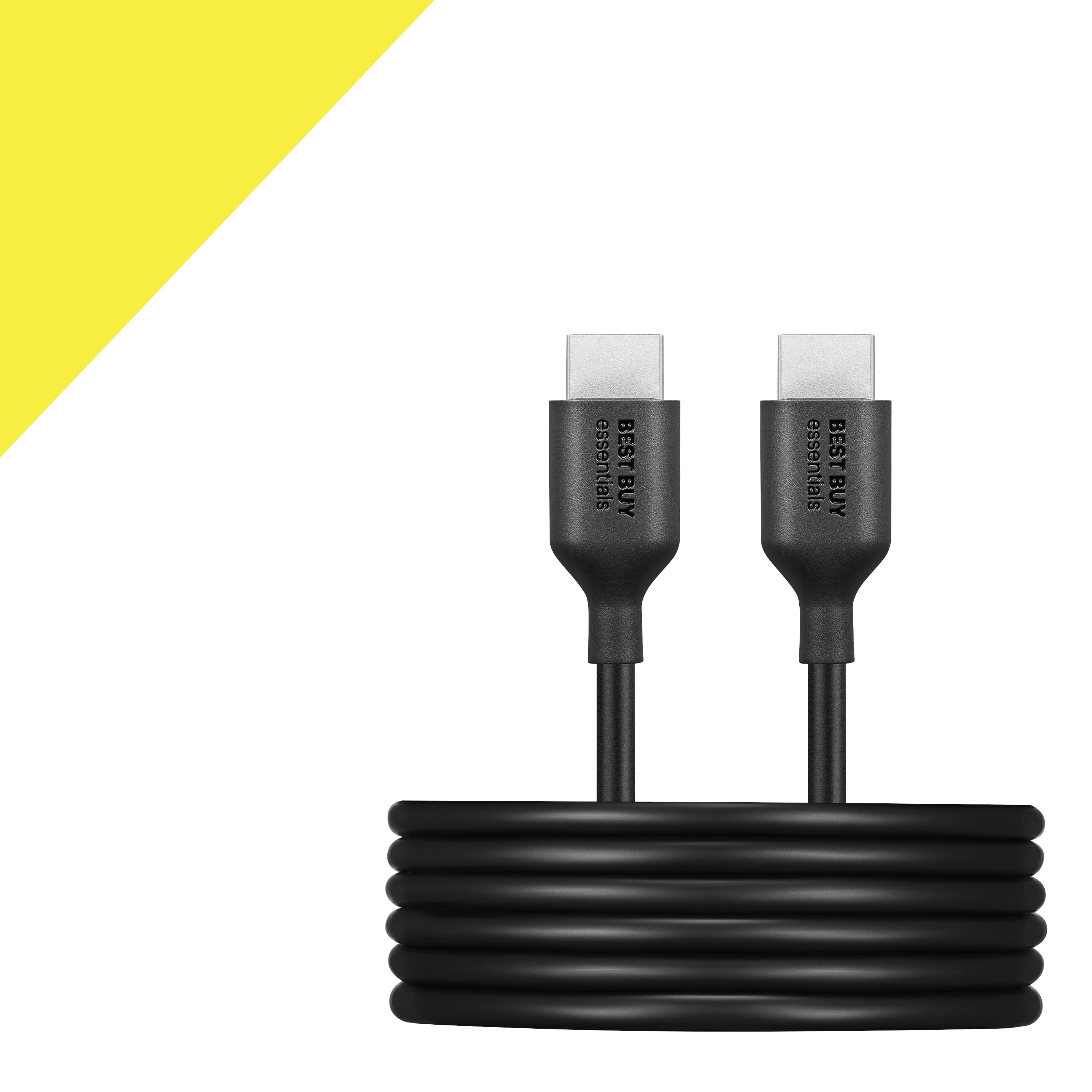 The text on the image reads "essentials BEST BUY essentials BEST BUY." This text is repeated twice, and it refers to the Best Buy store, which is a popular electronics retailer. The image features a black cord with two white plugs, which are likely to be used for charging or connecting devices.