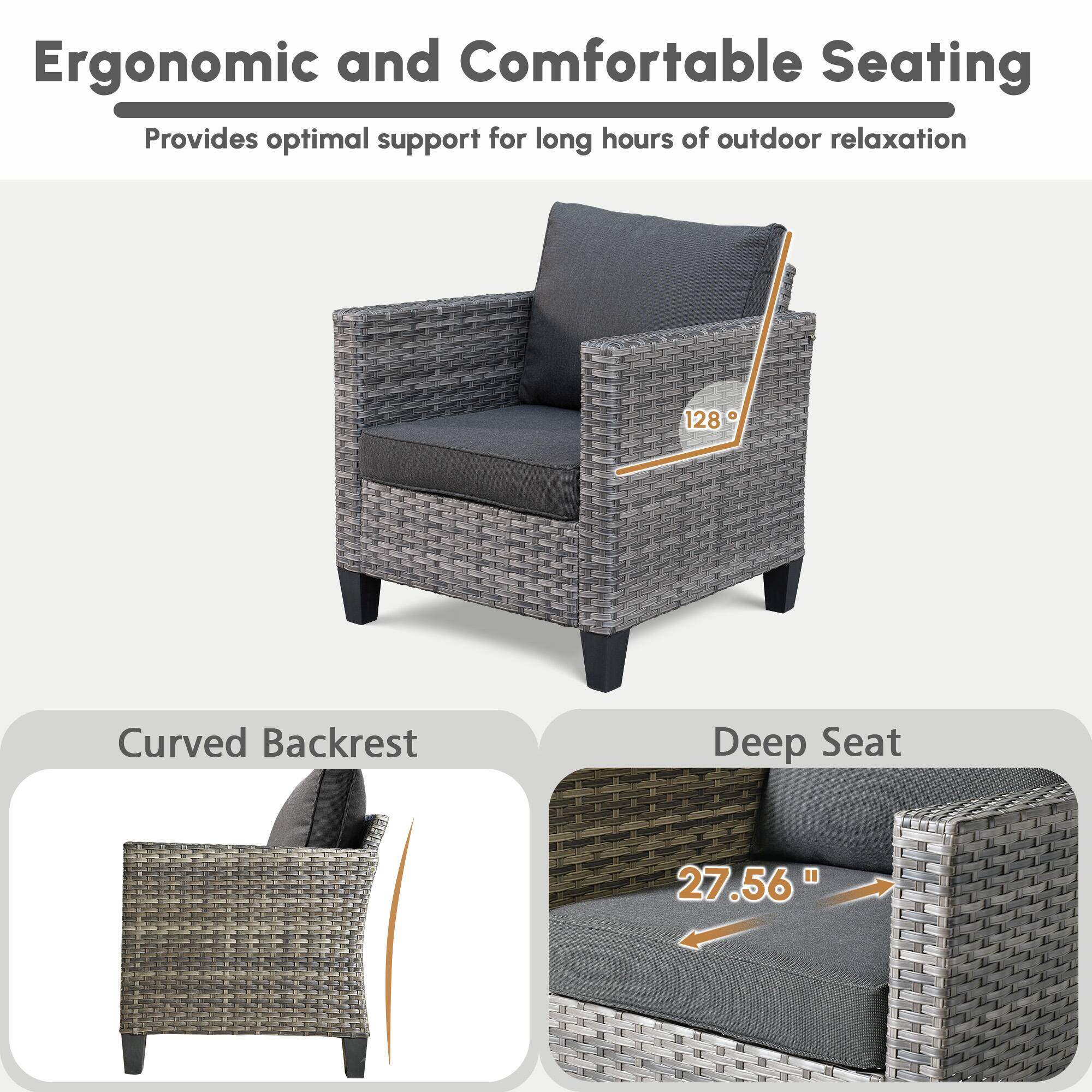 Ergonomic and Comfortable Seating  
Provides optimal support for long hours of outdoor relaxation  

Curved Backrest  
128°  

Deep Seat  
27.56"
