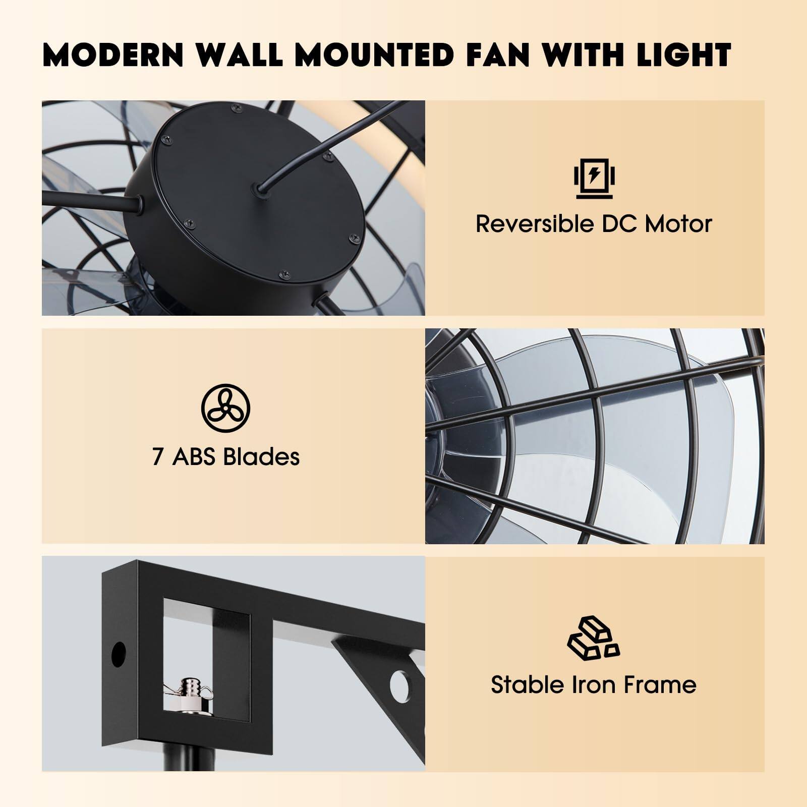 MODERN WALL MOUNTED FAN WITH LIGHT

- Reversible DC Motor
- 7 ABS Blades
- Stable Iron Frame