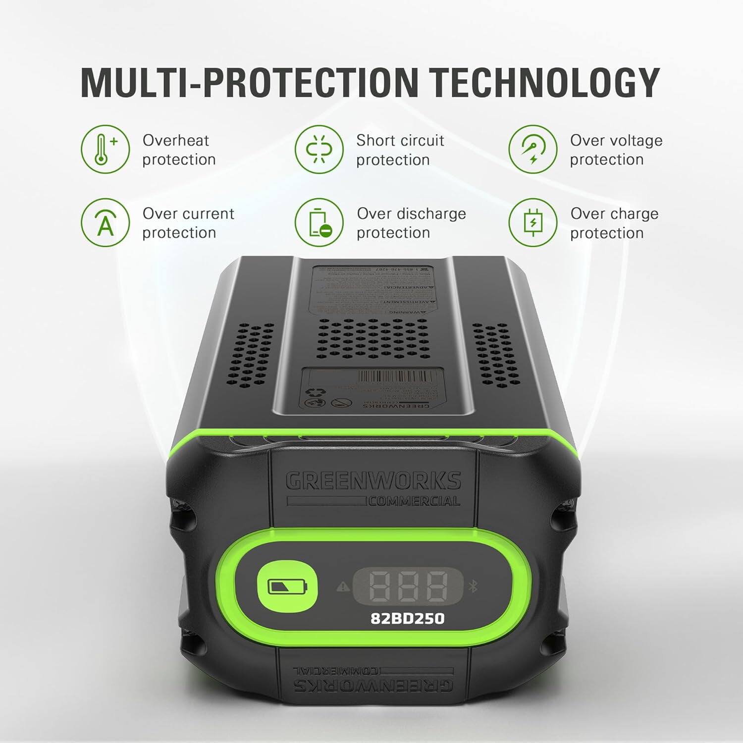 MULTI-PROTECTION TECHNOLOGY

- Overheat protection
- Short circuit protection
- Over voltage protection
- Over current protection
- Over discharge protection
- Over charge protection

GREENWORKS COMMERCIAL  
82BD250