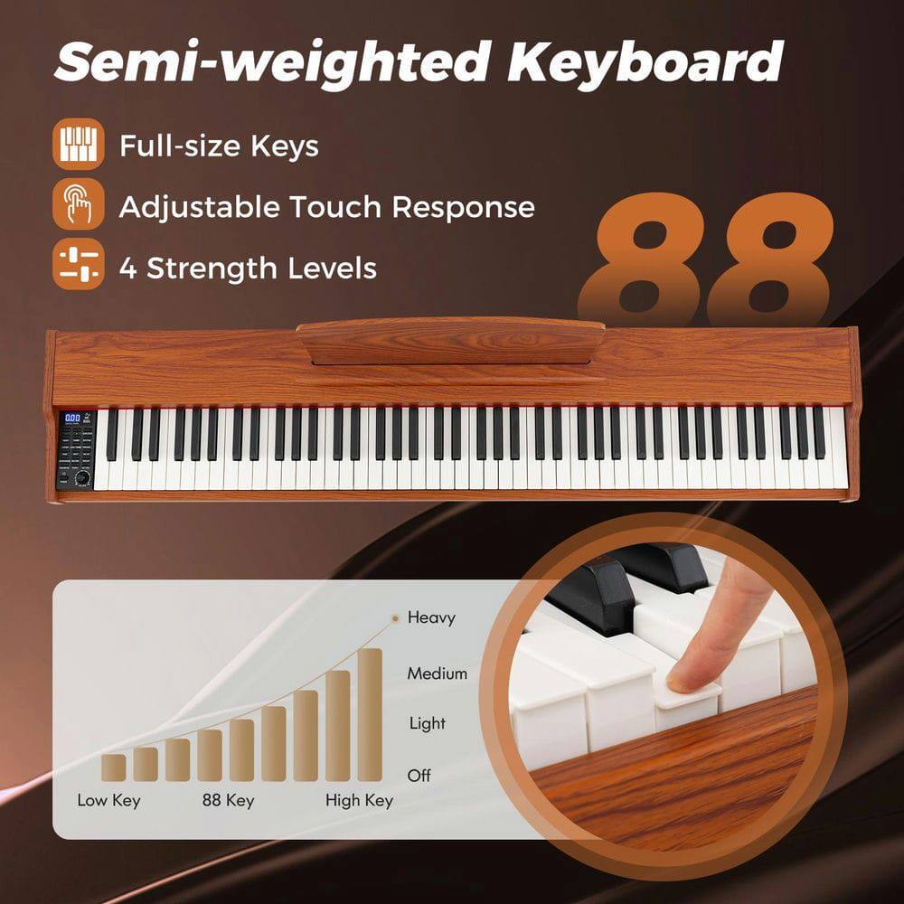 Semi-weighted Keyboard  
Full-size Keys  
Adjustable Touch Response  
4 Strength Levels  

88 Key  

Heavy  
Medium  
Light  
Off  

Low Key  
88 Key  
High Key