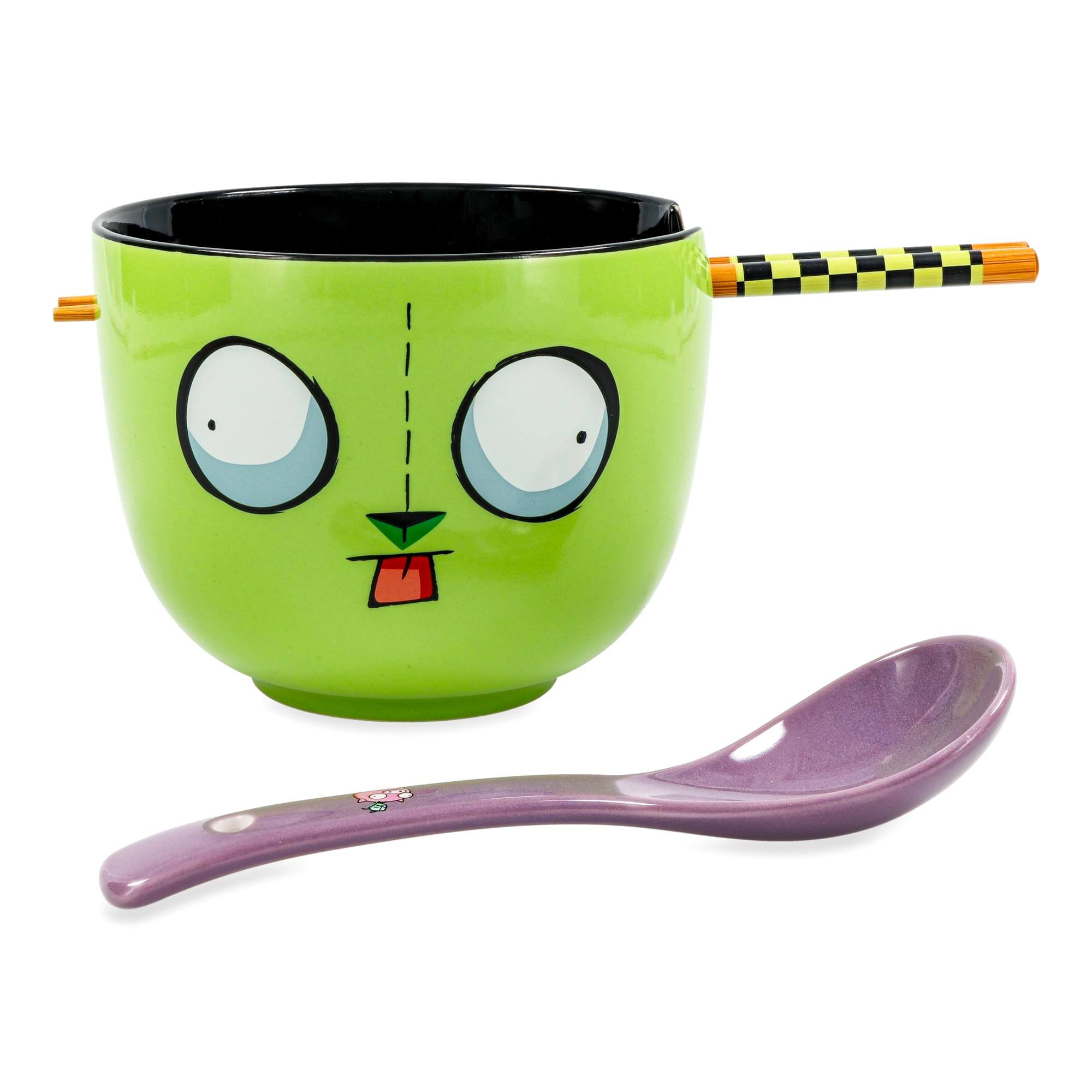 Alt View 1. Silver Buffalo - Invader Zim GIR Ceramic Ramen Bowl, Chopstick, and Spoon Set - Green.