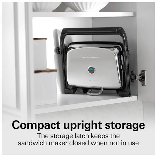 Compact upright storage  
The storage latch keeps the sandwich maker closed when not in use