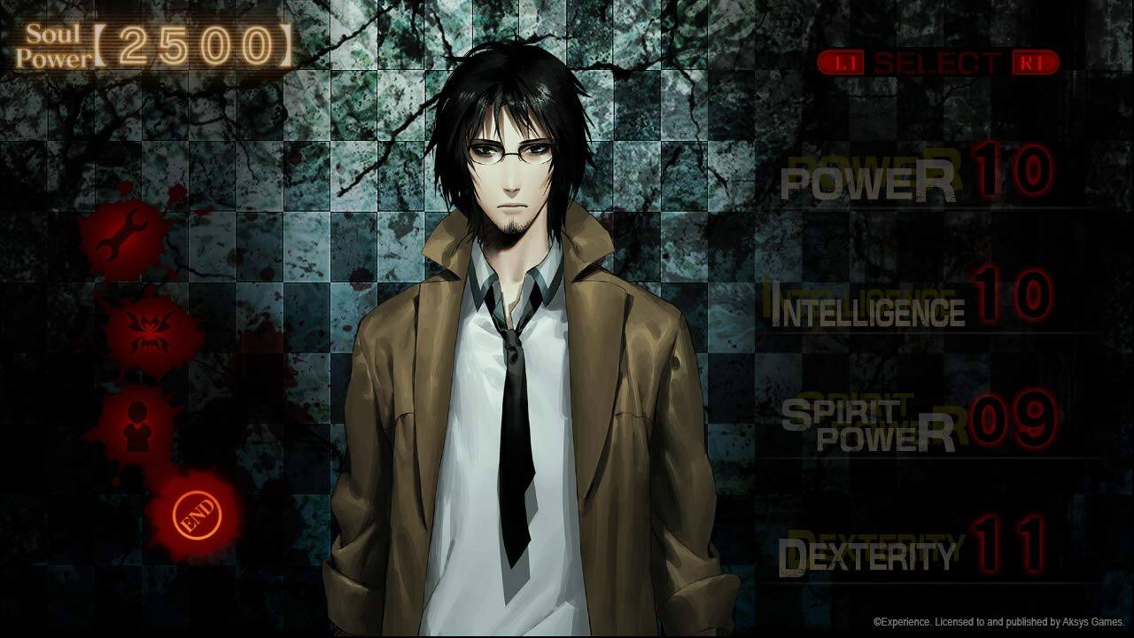 Soul Power [2500]

LI SELECT R1

POWER 10  
INTELLIGENCE 10  
SPIRIT POWER 09  
DEXTERITY 11

©Experience. Licensed to and published by Aksys Games.