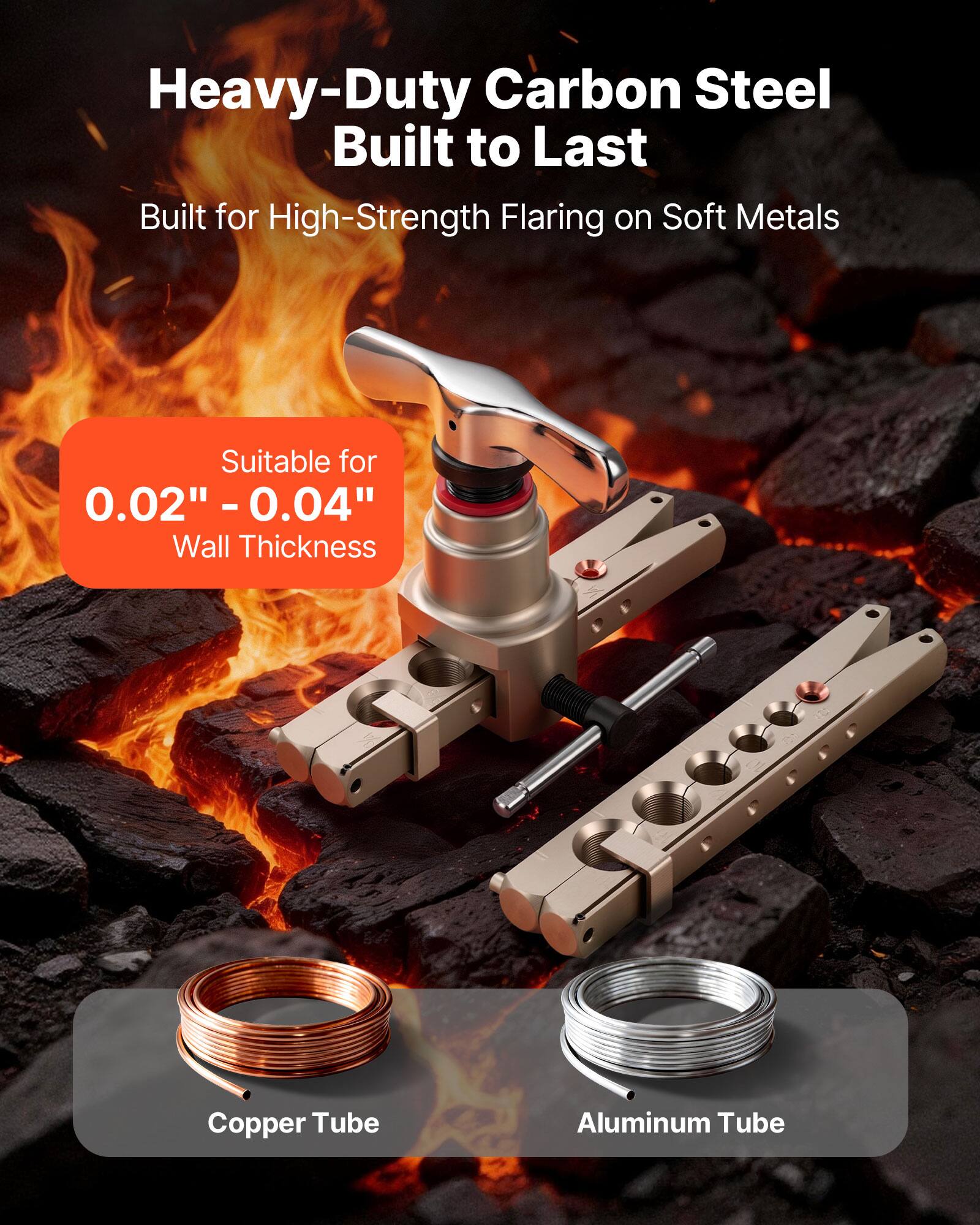 Heavy-Duty Carbon Steel  
Built to Last  
Built for High-Strength Flaring on Soft Metals  

Suitable for 0.02" - 0.04" Wall Thickness  

Copper Tube  
Aluminum Tube