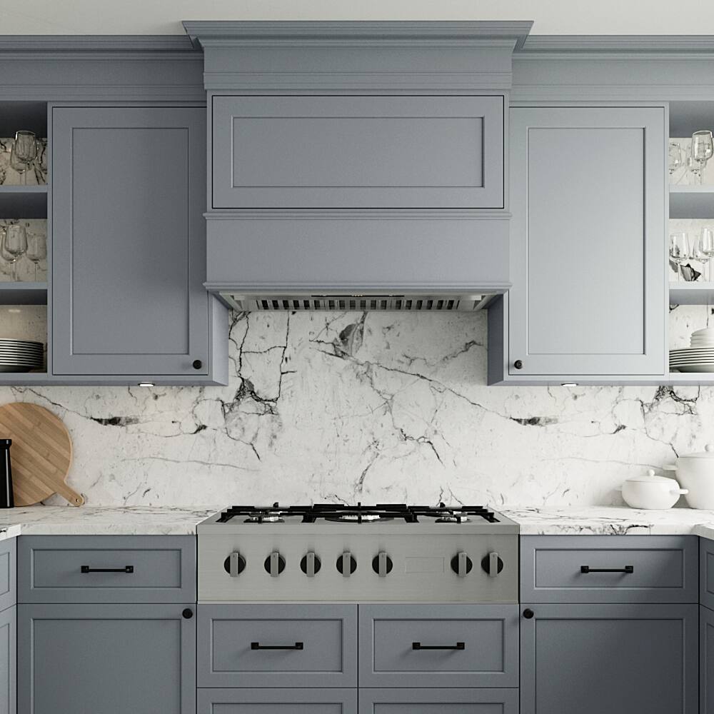 Left. Streamline - 34 in. Frascati Ducted Insert 350 CFM Range Hood, Baffle Filters, Touchpad Control, LED Lights - Brushed Stainless Steel.