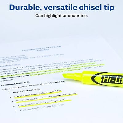 Durable, versatile chisel tip  
Can highlight or underline.

Learning Objectives:  
- Import/export data  
- Create and manipulate variables  
- Create and run simple scripts (M-files)  
- Program to display data  
- Use graphics tools  
- Use the built-in help features