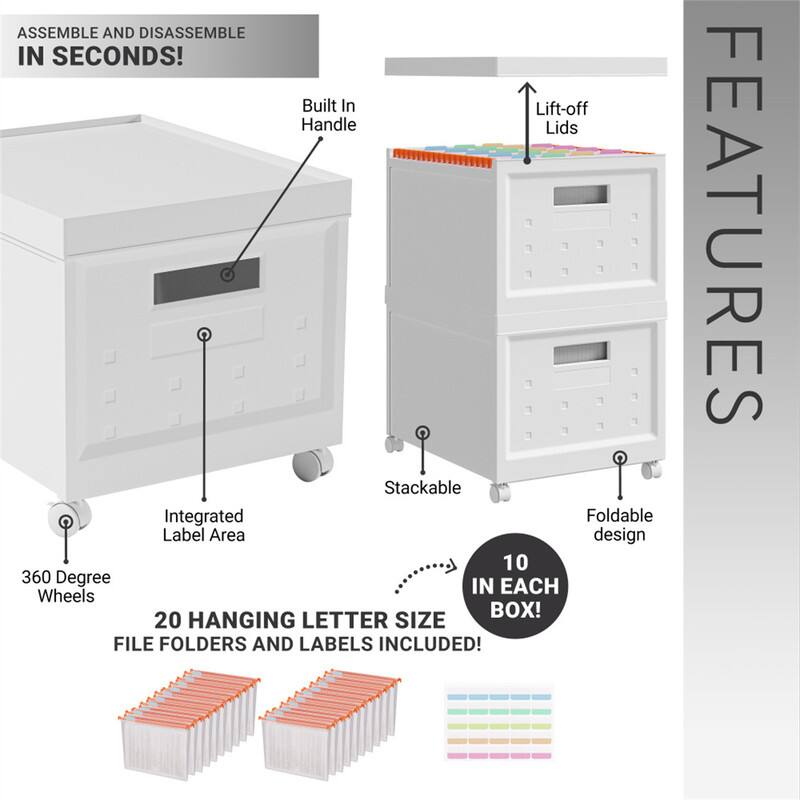 ASSEMBLE AND DISASSEMBLE IN SECONDS!

FEATURES

- Built In Handle
- Lift-off Lids
- Integrated Label Area
- 360 Degree Wheels
- Stackable
- Foldable design

20 HANGING LETTER SIZE FILE FOLDERS AND LABELS INCLUDED!

10 IN EACH BOX!