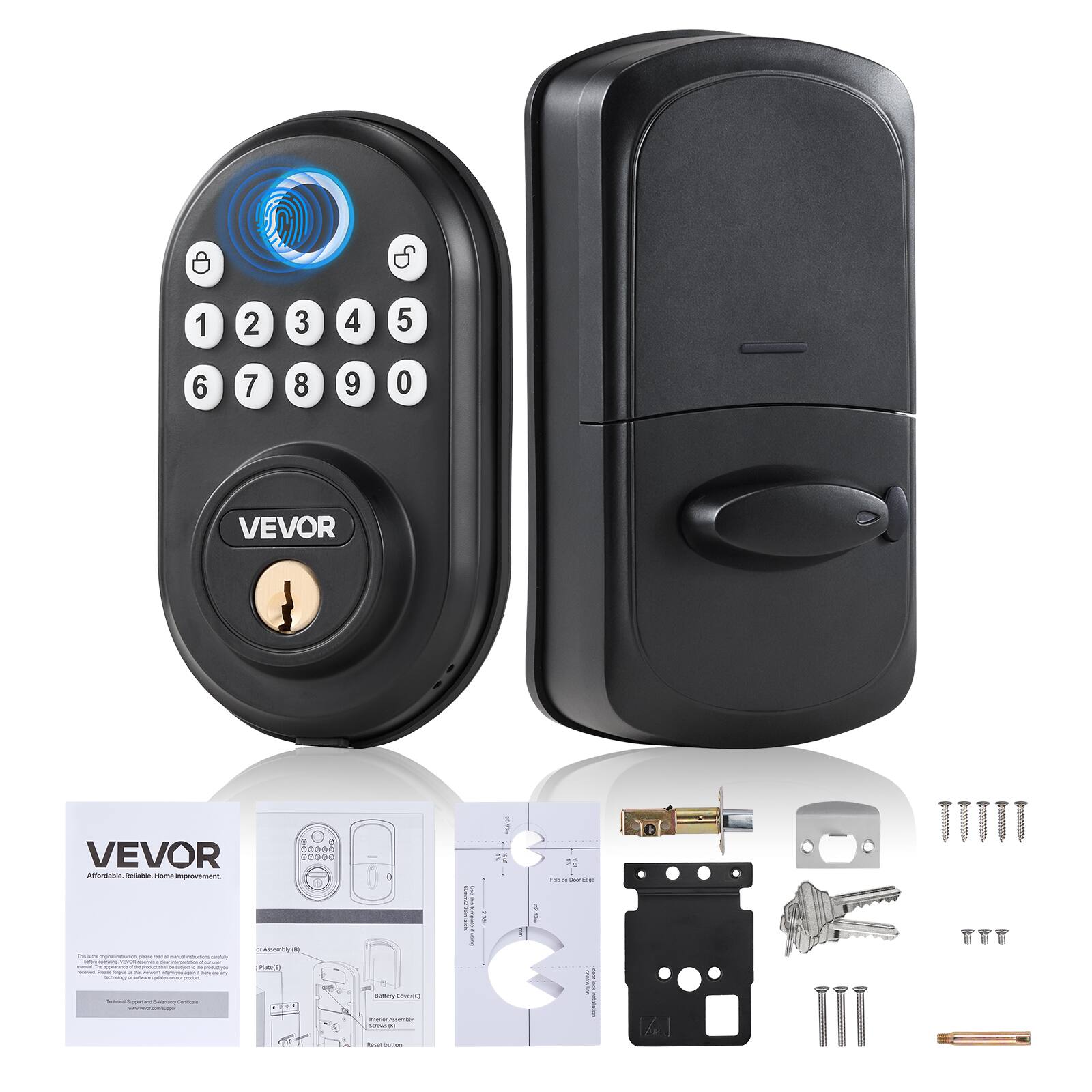 VEVOR - Fingerprint Door Lock, with Fingerprint/Keypad Code/Key, One-Time and Anti-Peeking Password, Silent Mode,Aluminum Alloy - Black