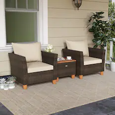 Front. Gymax - Gymax 3 PCS Patio PE Wicker Furniture Set Outdoor Conversation Bistro Set w/ Cushions Beige - Beige.