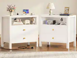 Aheaplus - Nightstands with Charging Station Set of 2, 23.6'' Wooden Bedside Table with 2 Drawers for Bedroom - White