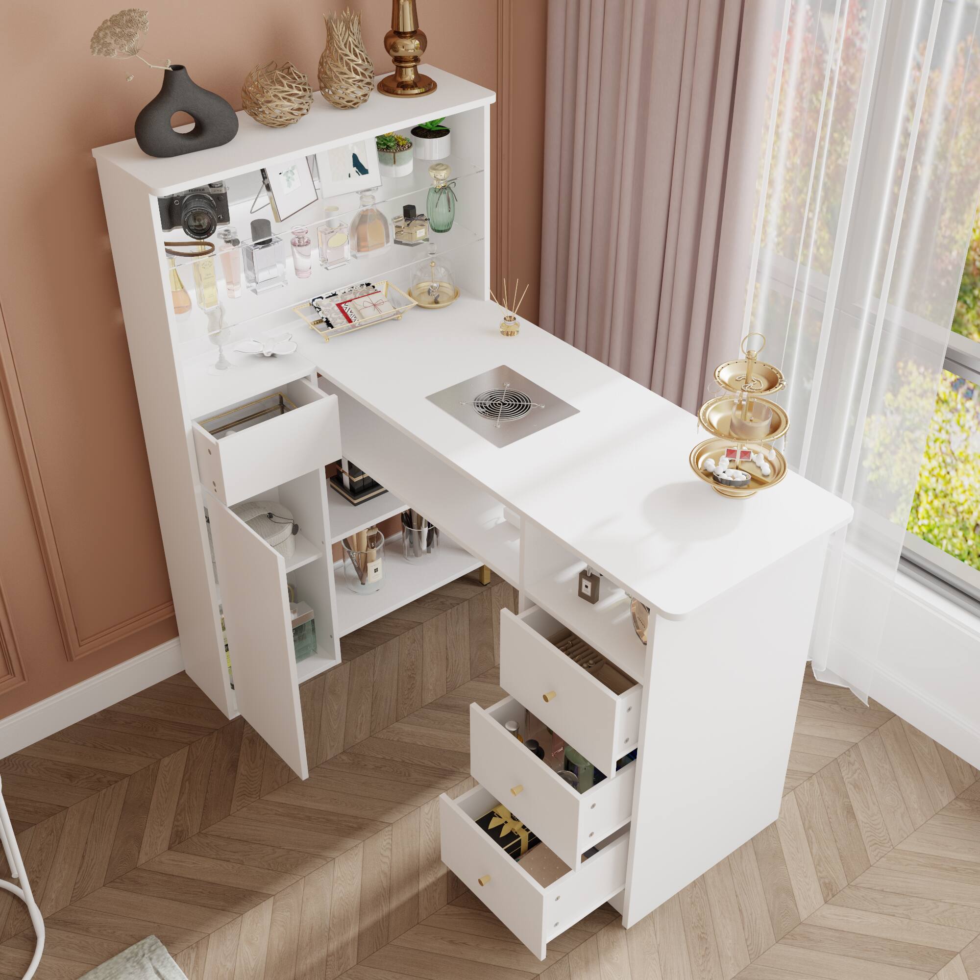 Back. Famapy - Luxury Nail Desk and Makeup Vanity with Storage Drawers Dust Collector Ergonomic Beauty Workstation Table - White.