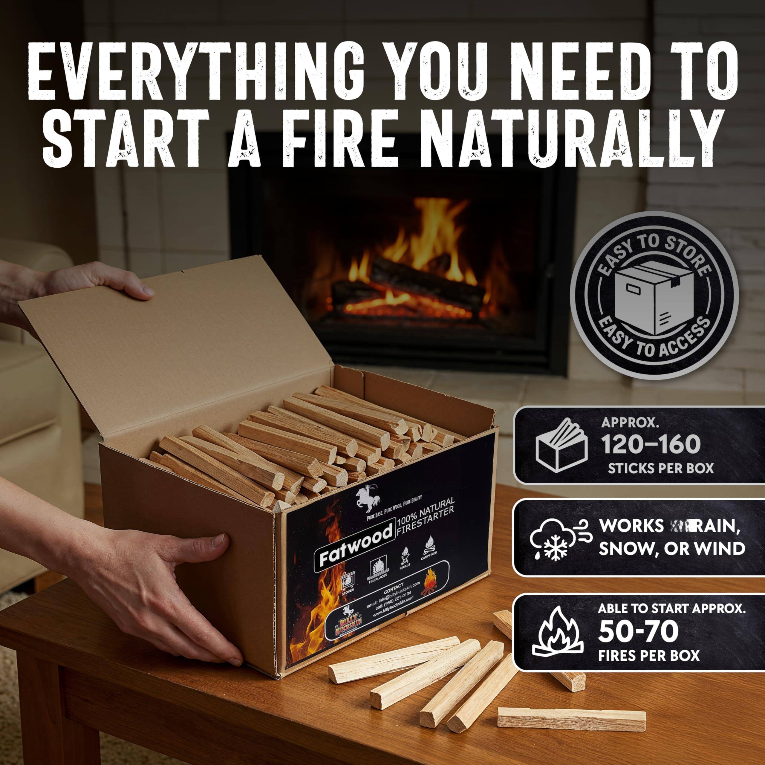 Everything you need to start a fire naturally

Easy to store, easy to access

Approx. 120-160 sticks per box

Works in rain, snow, or wind

Able to start approx. 50-70 fires per box