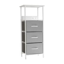 Emma + Oliver - Charging Nightstand with 3 Fabric Drawers, 2 USB Ports, 1 Outlet - Gray Drawers/White Frame
