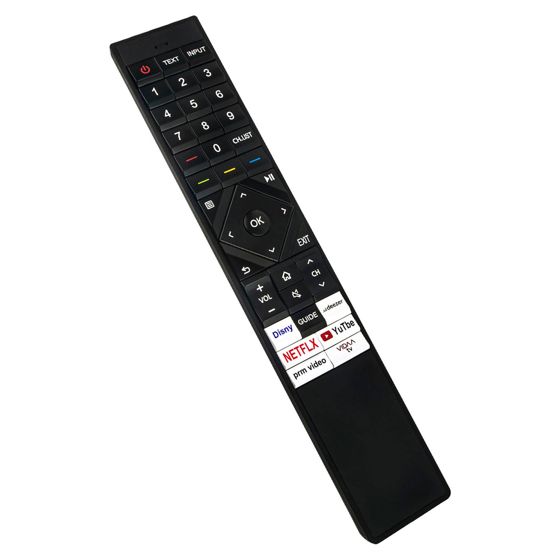 Sure, here is the corrected and grouped text from the image:

**Top Section:**
- TEXT
- INPUT
- 1 2 3
- 4 5 6
- 7 8 9
- 0 CHUST
- EXIT
- OK
- VOL +
- VOL -
- GUIDE
- DISNEY
- NETFLIX
- YouTube
- VIDAA TV
- prm video

**Bottom Section:**
- DISNEY
- GUIDE
- NETFLIX
- YouTube
- VIDAA TV
- prm video