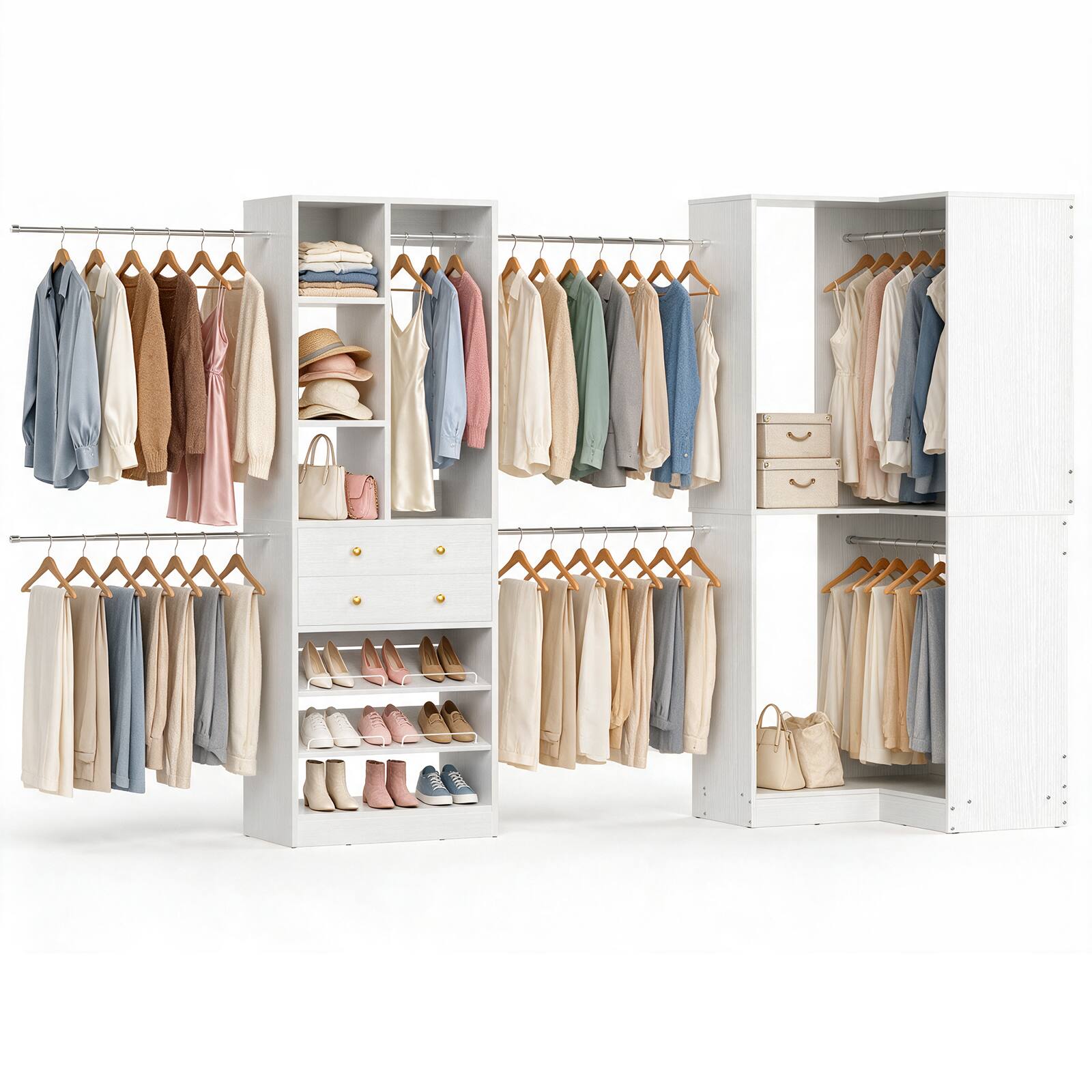 Angle. Aheaplus - 59.3 - 138 Inch Adjustable Walk-in Corner Closet Organizer with 7 Hanging Rods, 11 Shelves and 2 Drawers - White.