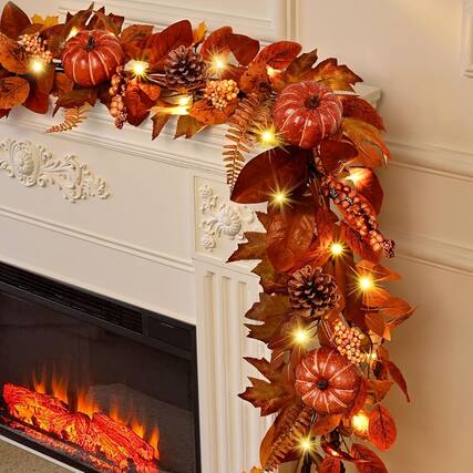 Front. PARKER SLATER - 6FT Lighted Fall Garland, Artificial Autumn Leaves and Pumpkins for Mantel Decor - Red.