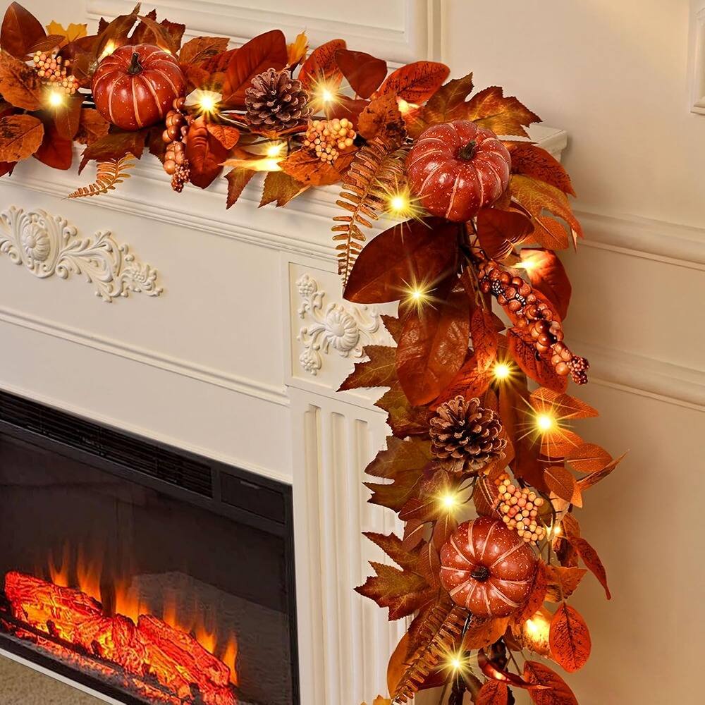 Front. PARKER SLATER - 6FT Lighted Fall Garland, Artificial Autumn Leaves and Pumpkins for Mantel Decor - Red.