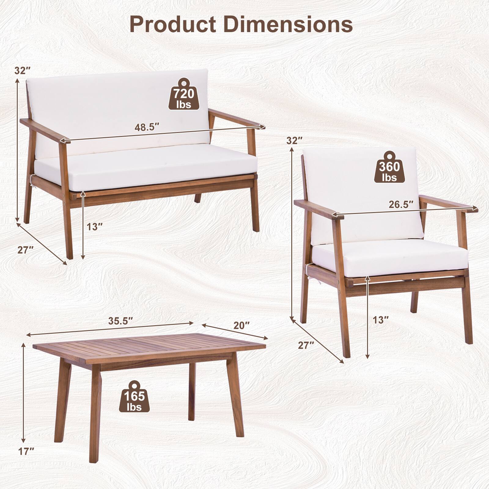 Product Dimensions:
1. 32" x 720 lbs
2. 48.5" x 32" x 360 lbs
3. 26.5" x 13" x 27" x 35.5" x 20" x 13" x 27" x 165 lbs
4. 17"